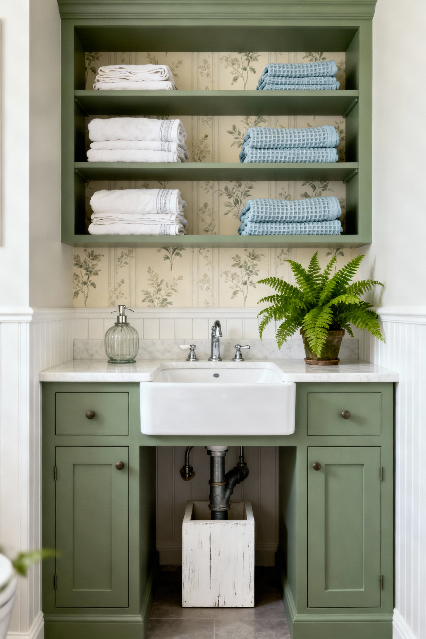 A converted sage green bathroom vanity with cabinet doors removed, showing open shelving displaying neatly stacked vintage white linens. A custom-painted wooden box conceals the plumbing underneath the sink basin.