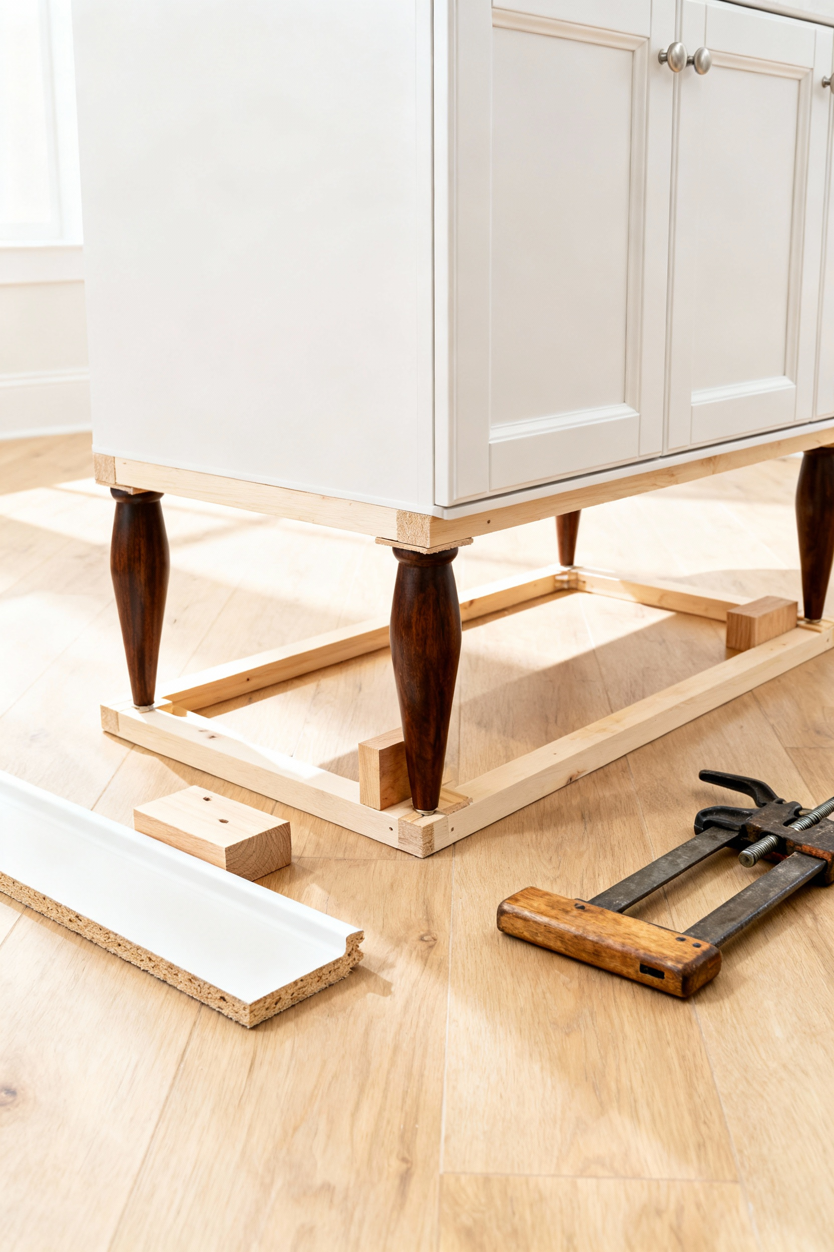 A white stock cabinet base elevated by dark walnut tapered legs, showcasing a DIY project that transforms a standard toe-kick vanity into an airy, mid-century furniture piece.