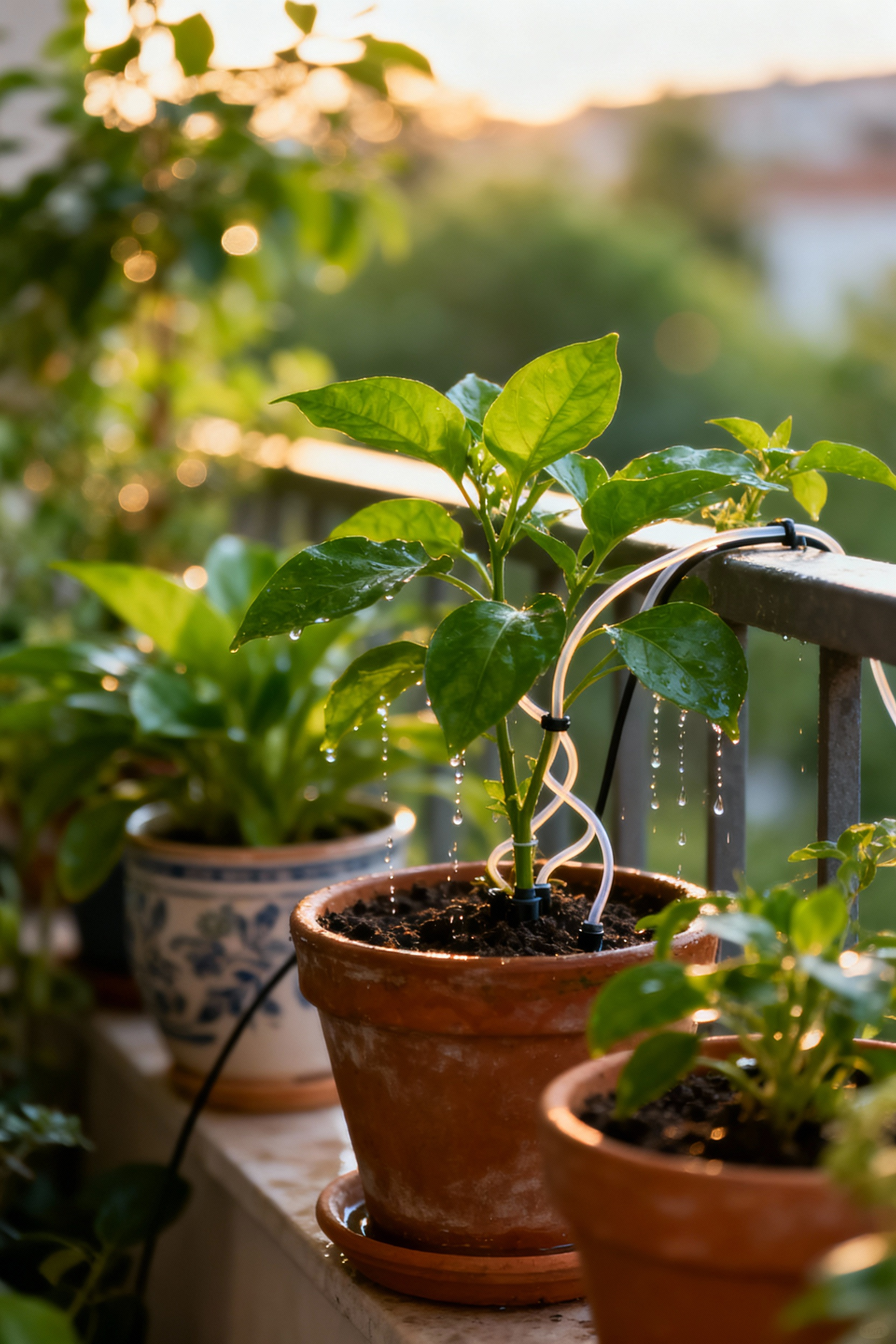 Close-up of a balcony garden with a micro-drip irrigation system watering lush, healthy potted plants, emphasizing efficient water conservation and automated hydration.