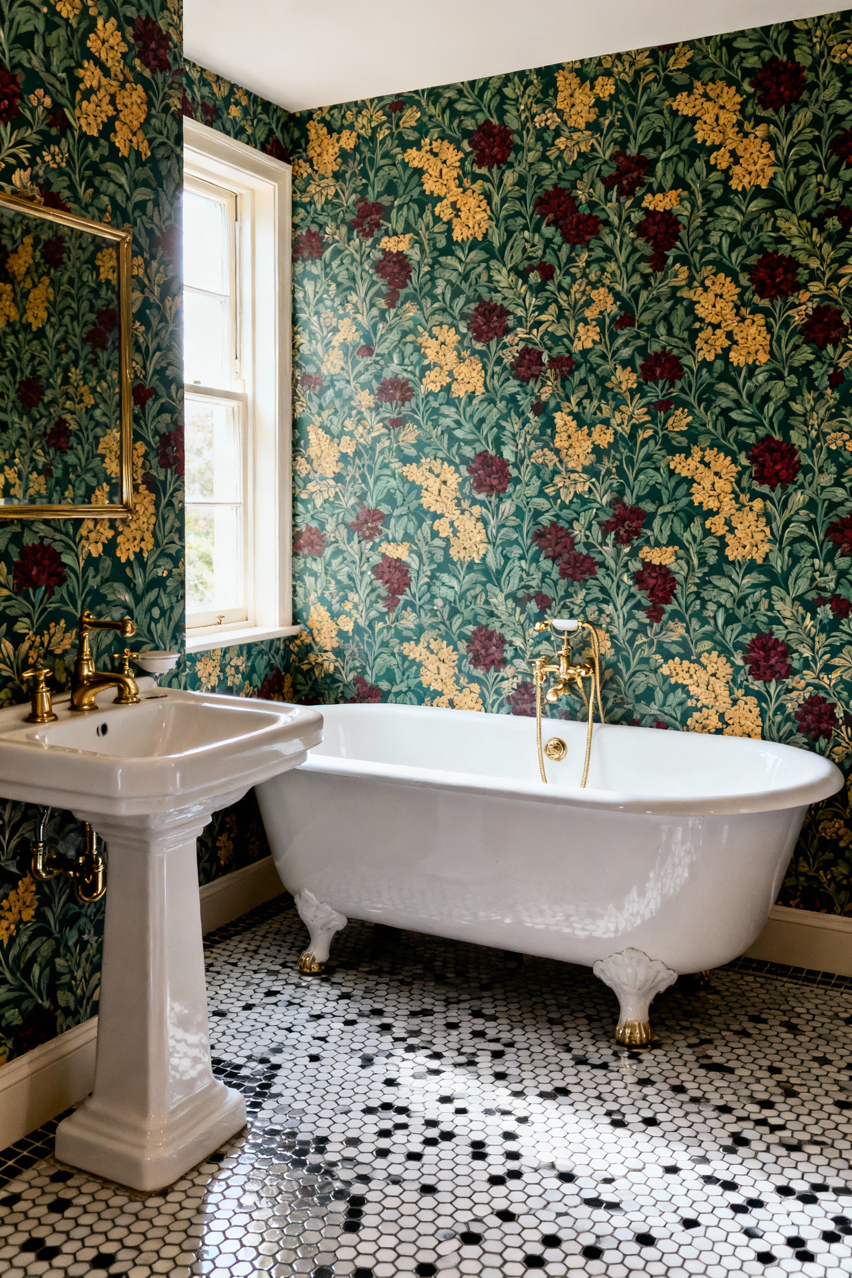 A high-quality cottage bathroom featuring durable, wipeable William Morris-inspired botanical wallpaper and classic white porcelain fixtures.
