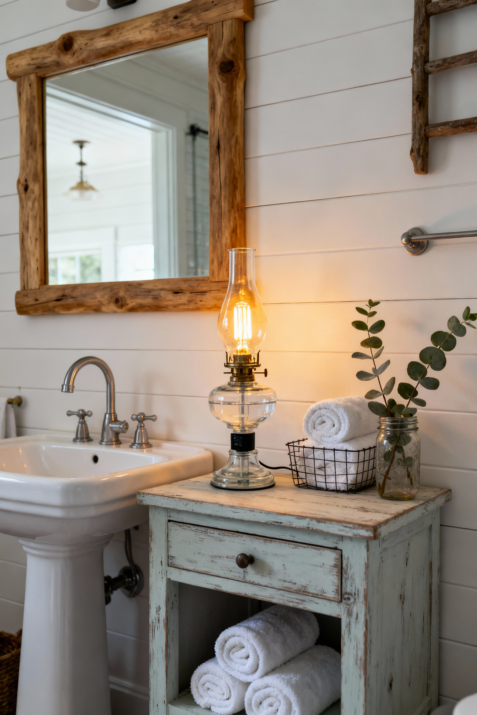 Rustic country bathroom featuring a vintage glass oil lamp that has been safely converted into an electric light fixture for modern use on a wooden vanity.