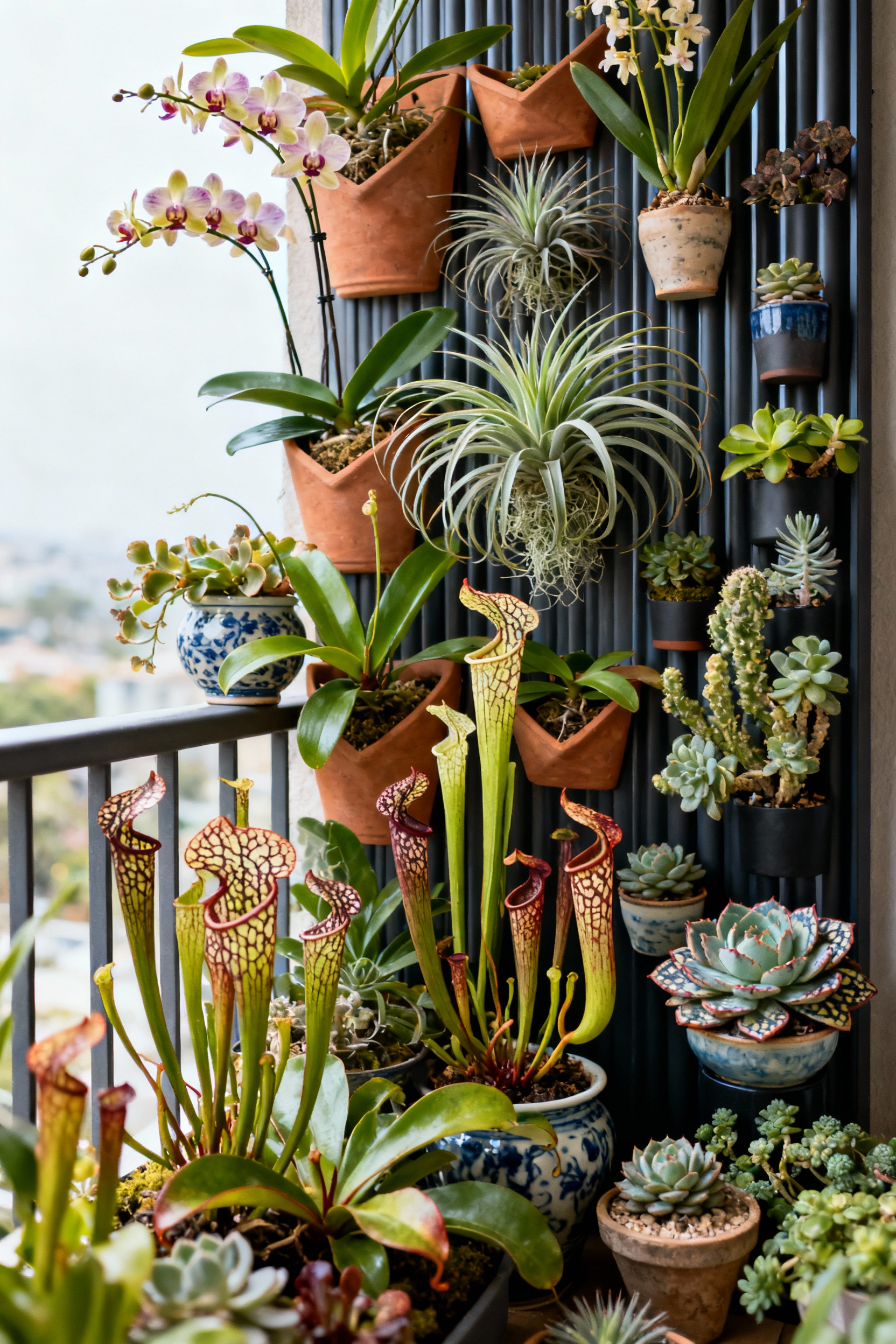 A beautifully arranged balcony garden featuring an assortment of rare and exotic plants, including vibrant orchids, hanging air plants, distinctive pitcher plants, and colorful succulents in various decorative planters, under soft, natural lighting.