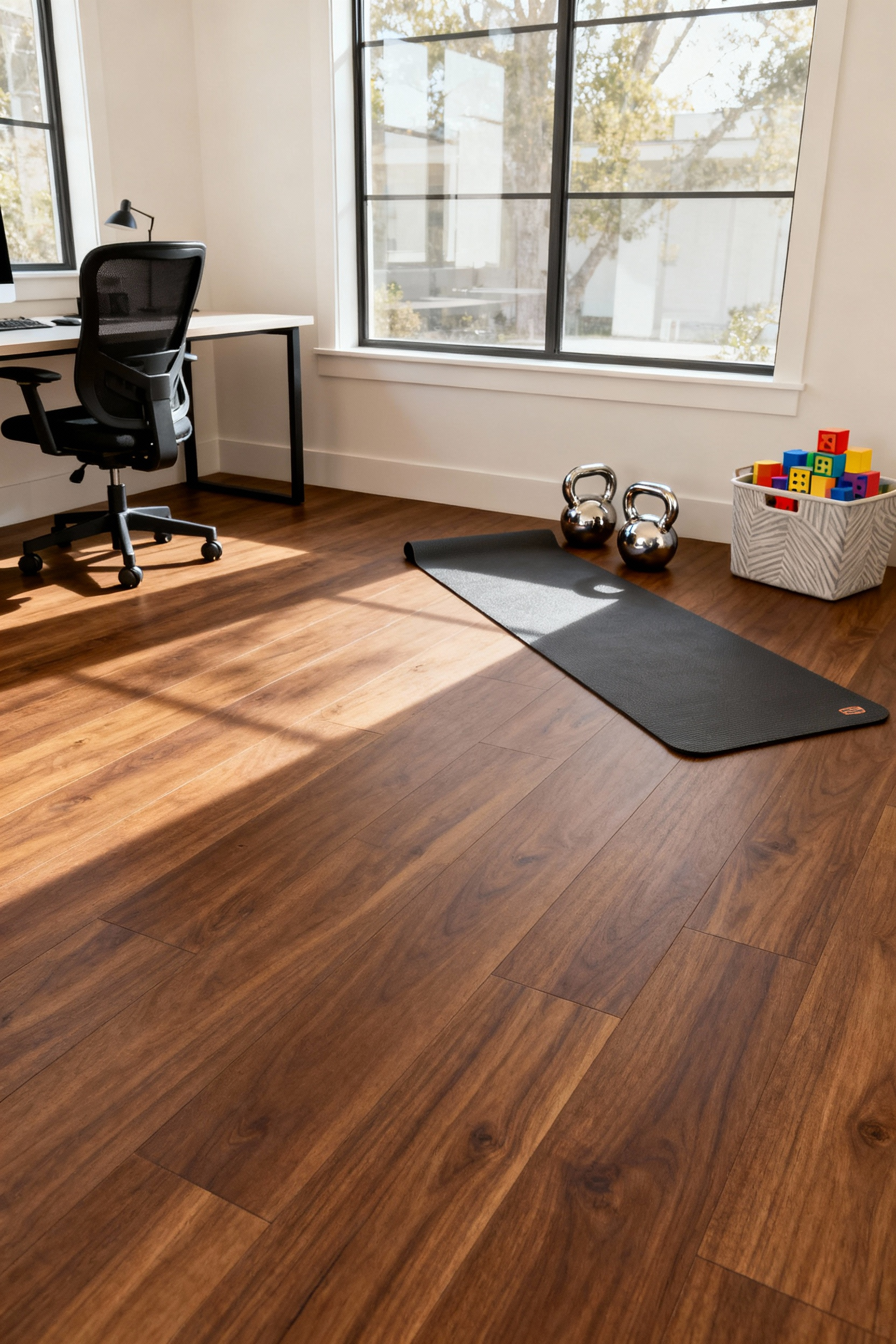 A modern, multi-functional living room featuring durable, wide-plank Luxury Vinyl Plank (LVP) flooring supporting a home office, exercise equipment, and play area.