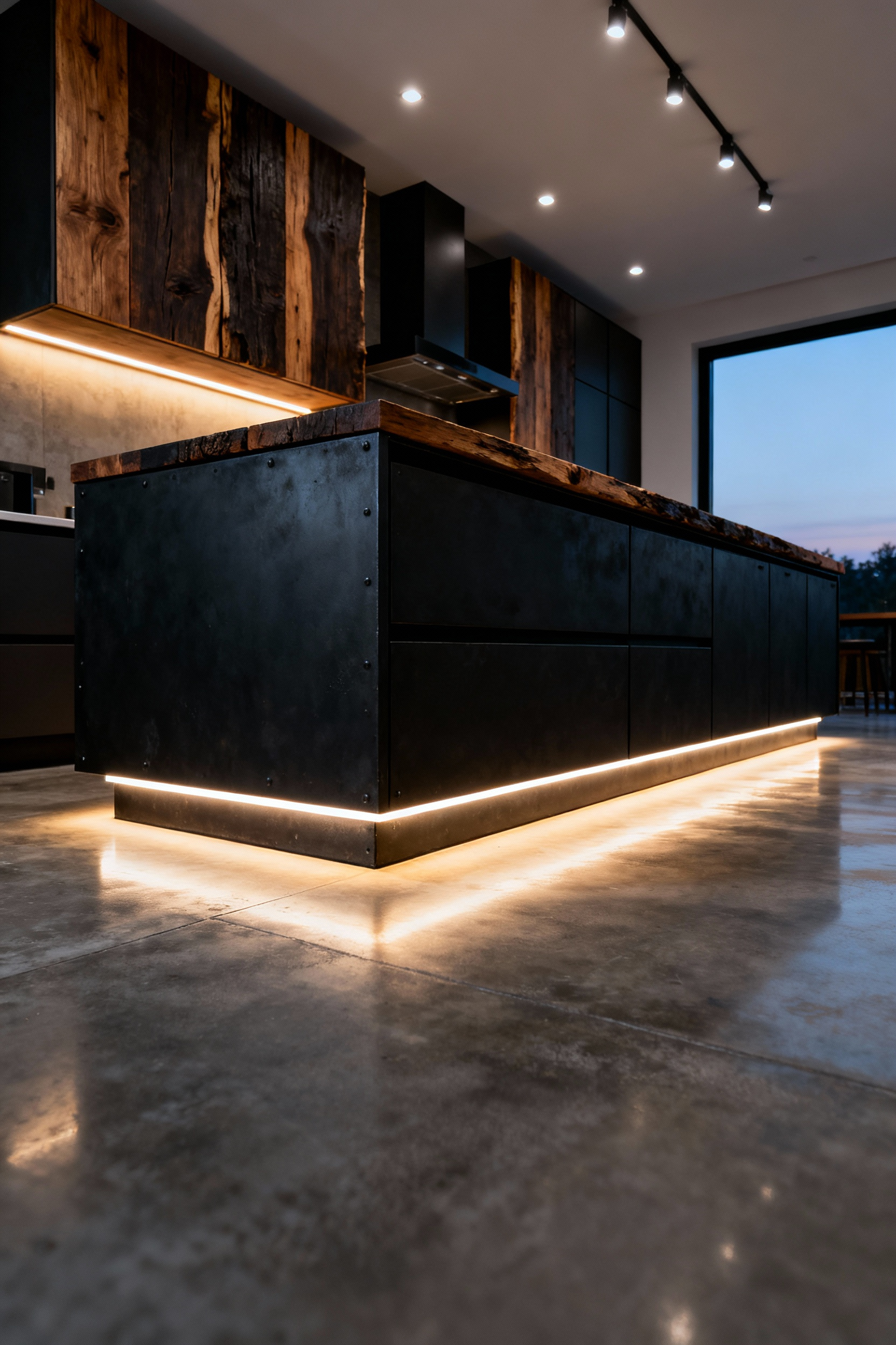 A modern industrial kitchen featuring imposing matte black base cabinetry that appears weightless due to continuous, warm LED toe-kick lighting installed directly above the polished concrete floor.