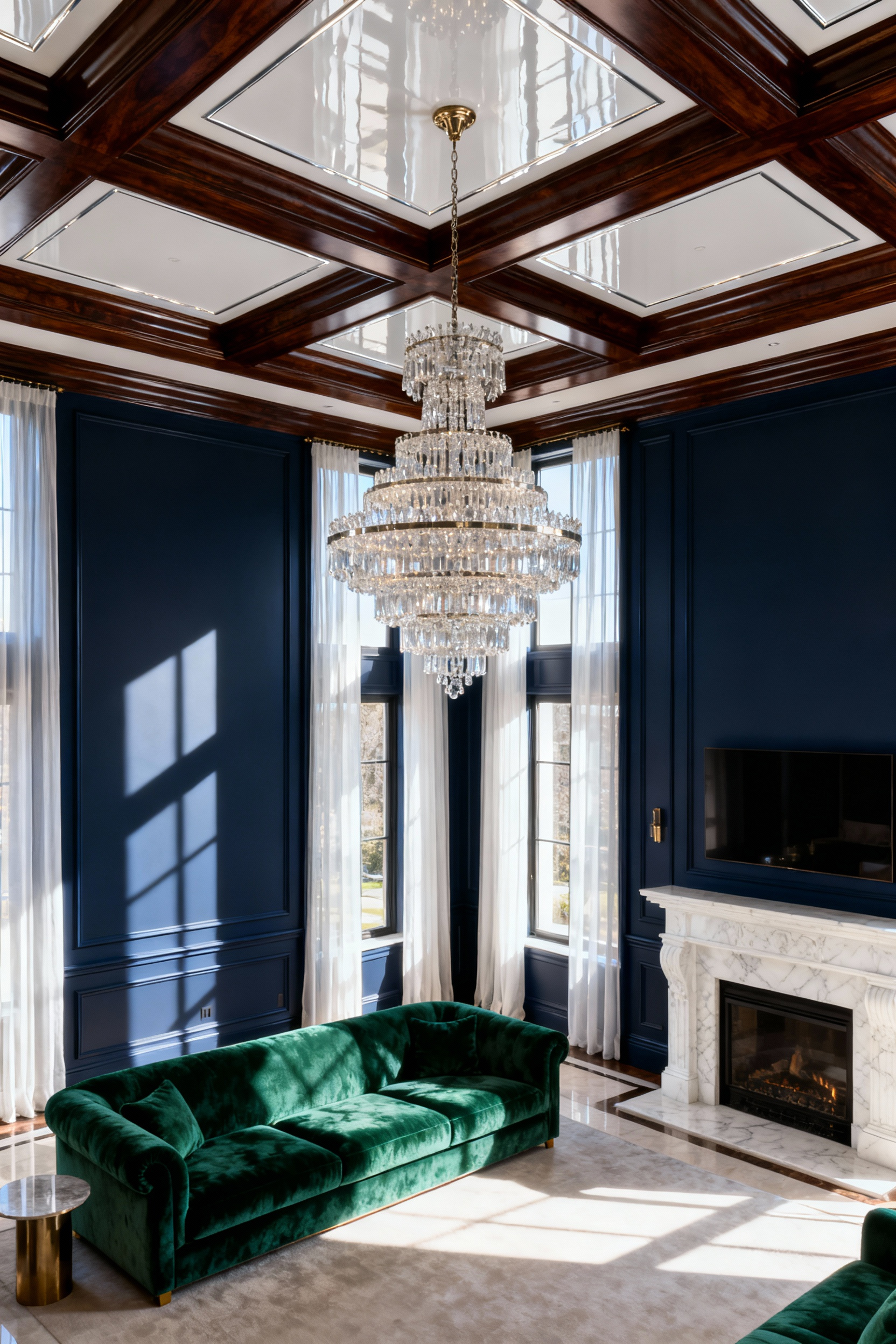 Grand formal living room featuring a deep, dark wood coffered ceiling contrasted with high-gloss white lacquer insets and a central crystal chandelier.