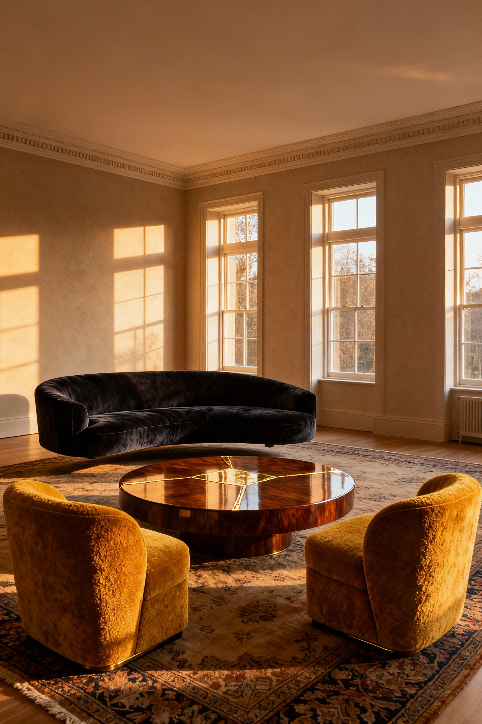 A luxurious, formal living room showcasing the conversational 'Salon' layout with a centrally 'floating' sofa and chairs arranged intimately around a large mahogany coffee table, prioritizing conversation over television.
