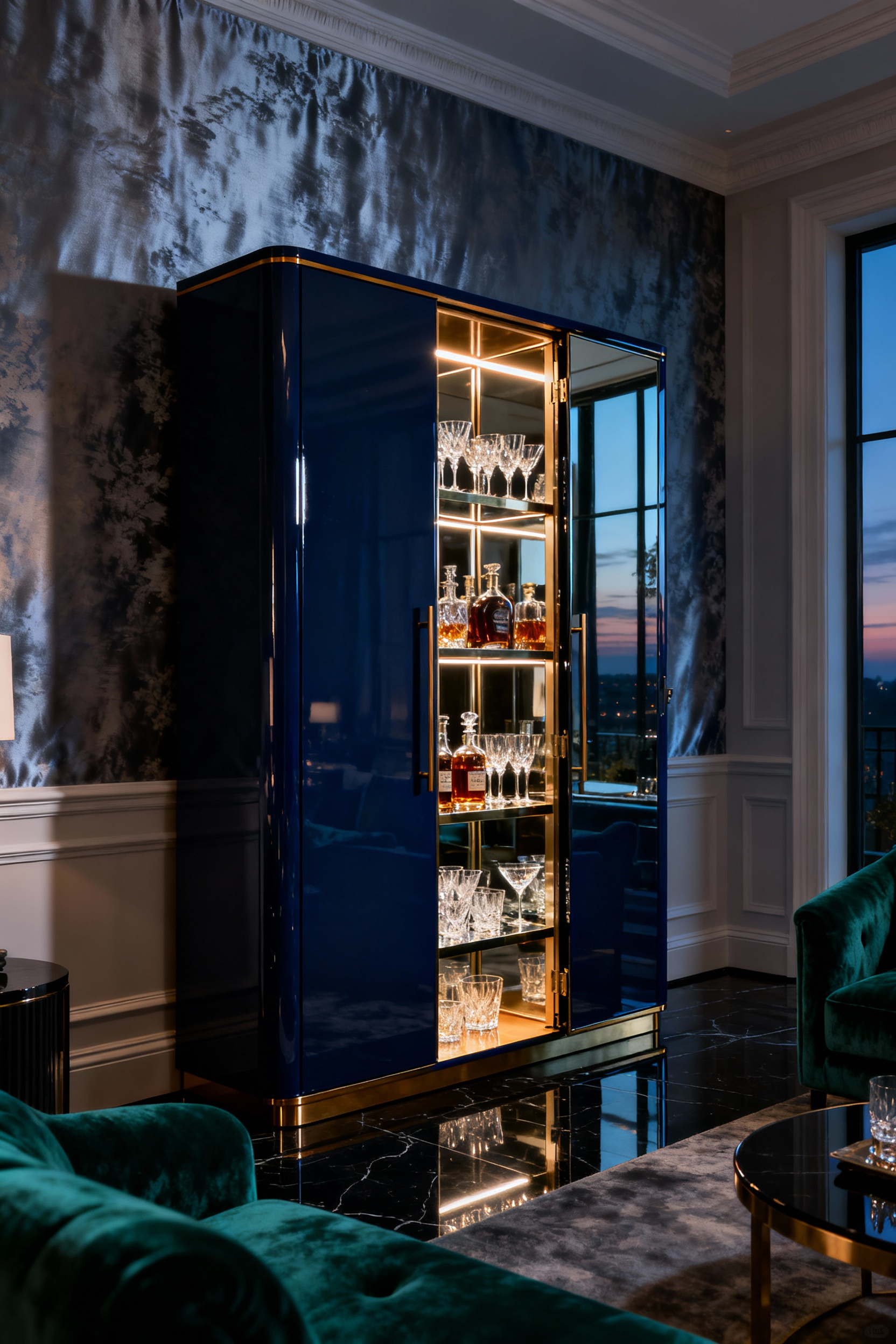 Open midnight-blue lacquer bar cabinet with integrated LED lighting revealing a dramatic, mirror-lined interior holding crystal glassware within a formal, high-end living room setting.