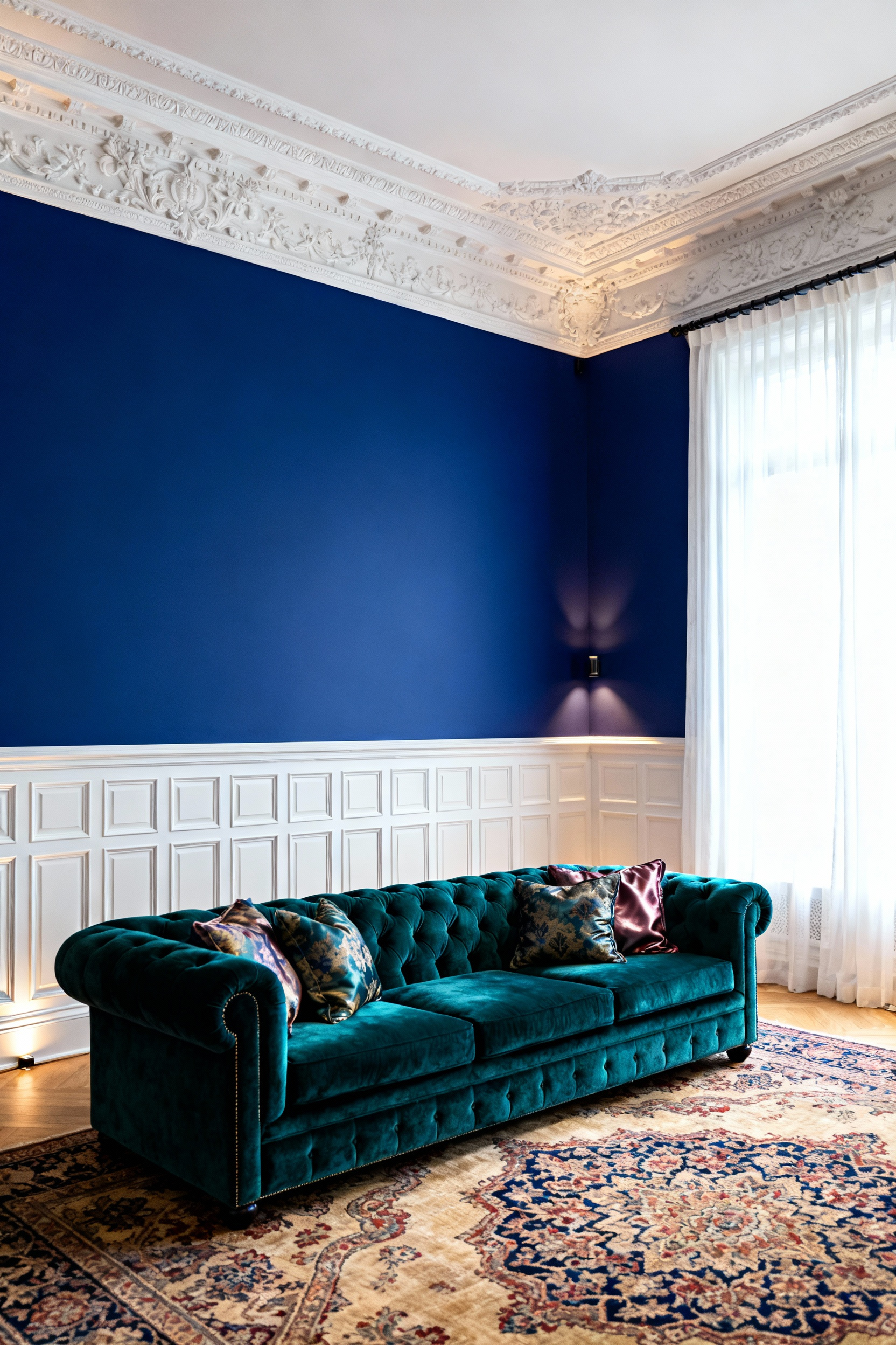 A formal living room featuring heavy, crisp white architectural elements, including over-scaled crown molding and high wainscoting, set against deep sapphire walls, illustrating the foundational millwork skeleton required for maximalist layering.