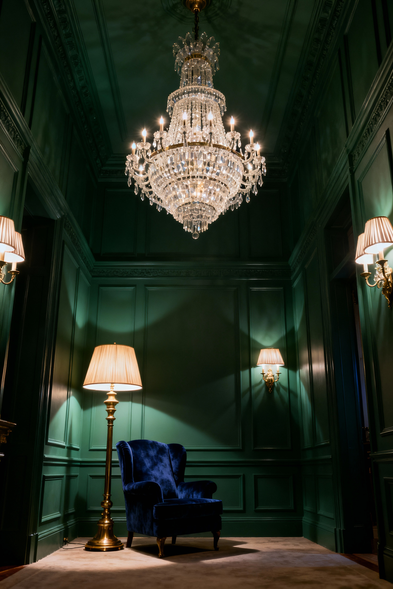 A photograph of a formal living room showcasing the holy trinity of lighting layers: a statement chandelier, task floor lamps, and mood-setting wall sconces creating a warm, dramatic atmosphere.
