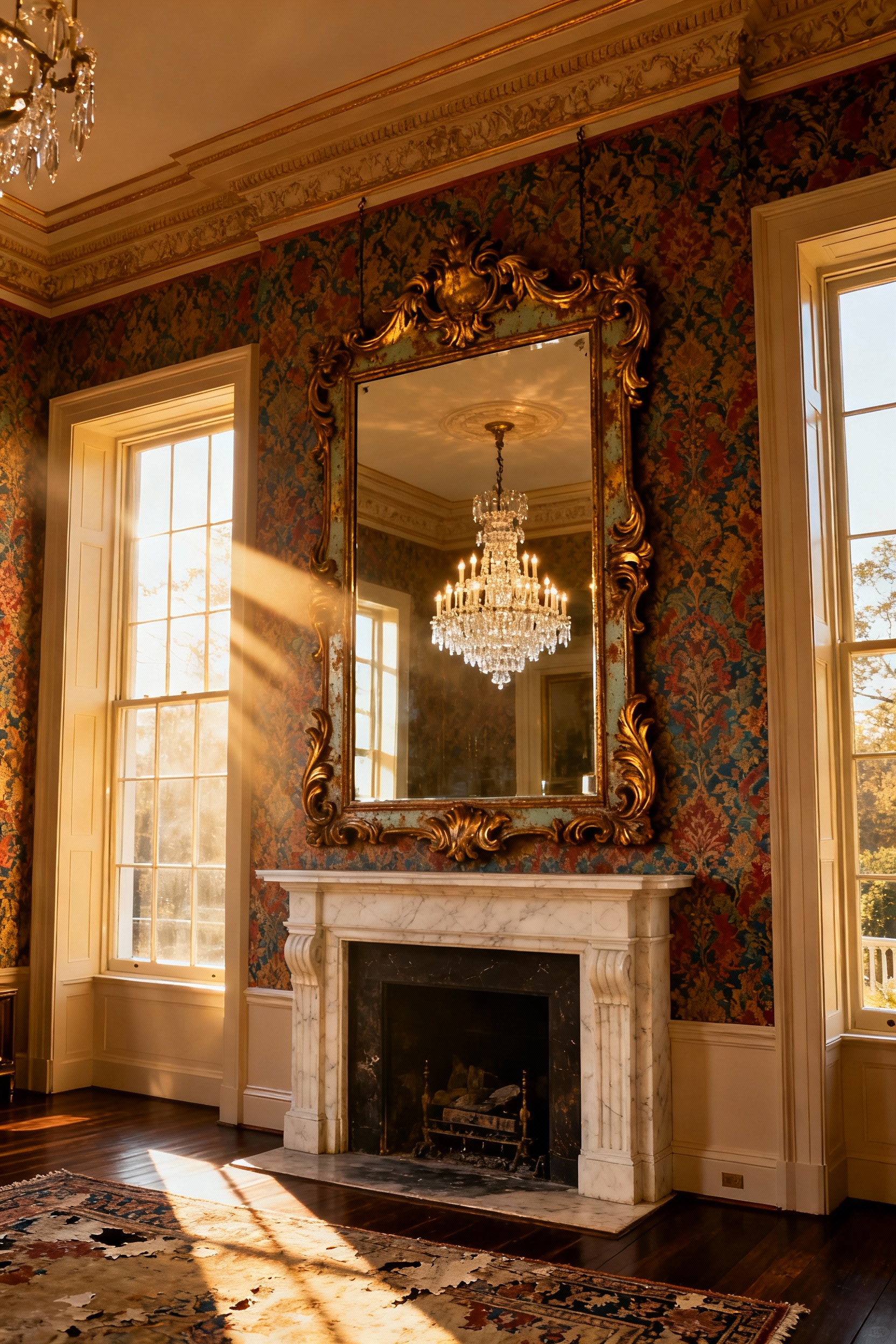 Oversized, ornate antique gilded mirror hung above a white marble fireplace mantel in a formal living room, reflecting light from a crystal chandelier and an opposite window to maximize brightness.