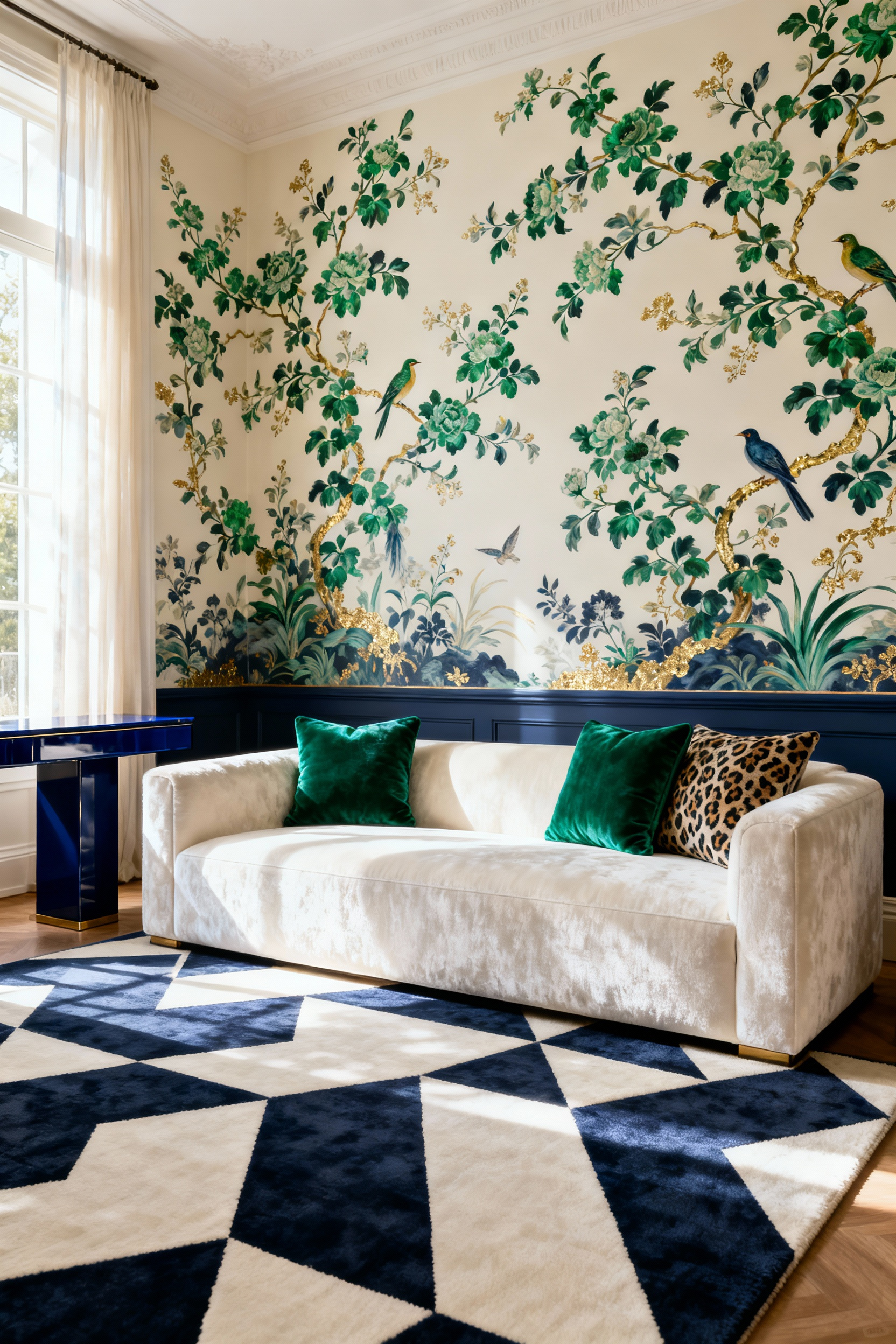 A maximalist formal living room featuring a sophisticated mix of bold patterns, including vibrant emerald Chinoiserie wallpaper, an angular navy and cream geometric area rug, and accent pillows incorporating subtle animal print, all unified by a strict three-color palette.