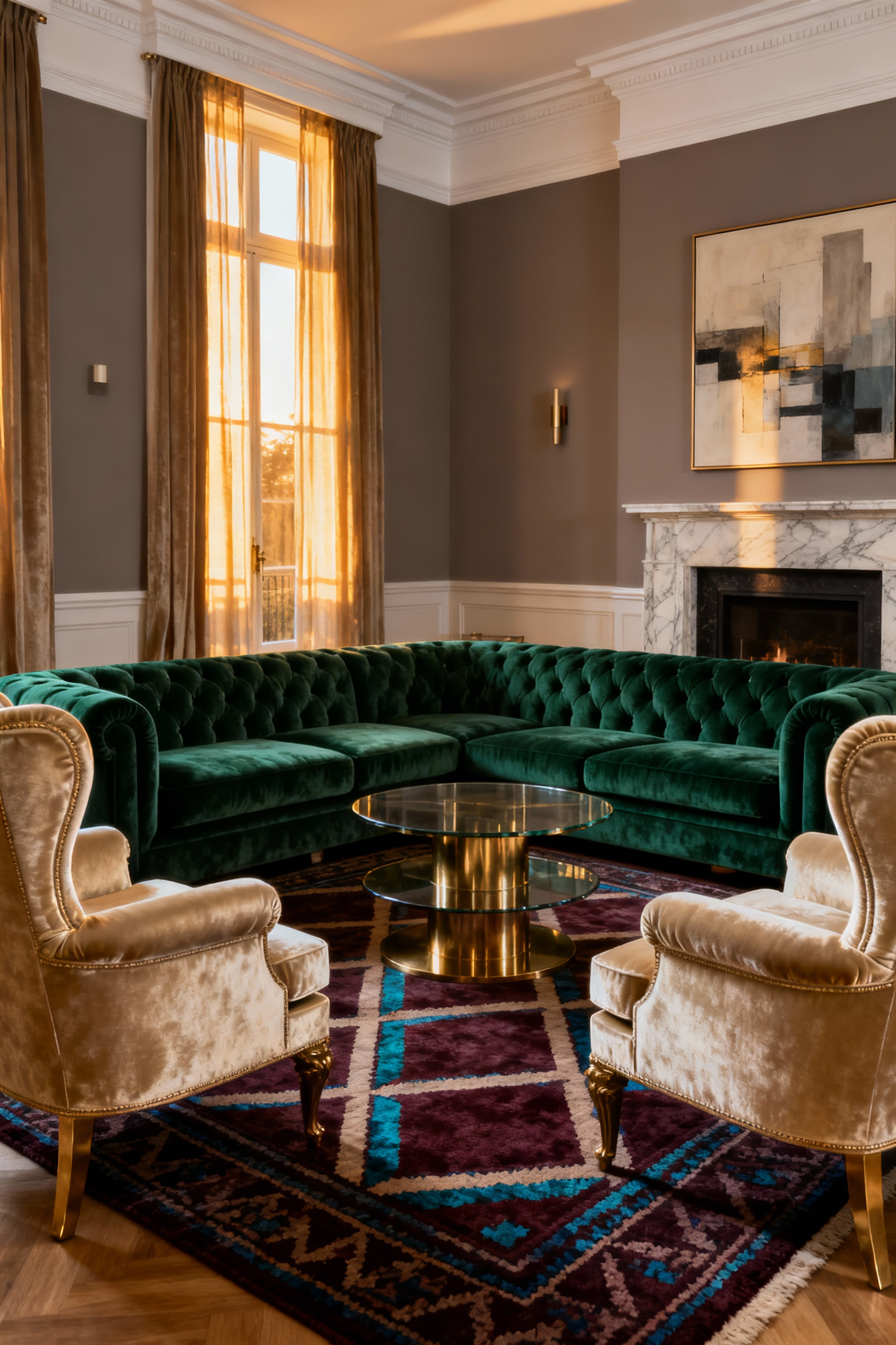 A formal, luxurious living room featuring a structured emerald green velvet button-tufted sofa and two champagne linen armchairs arranged symmetrically around a bronze coffee table to create an intimate conversation pit.