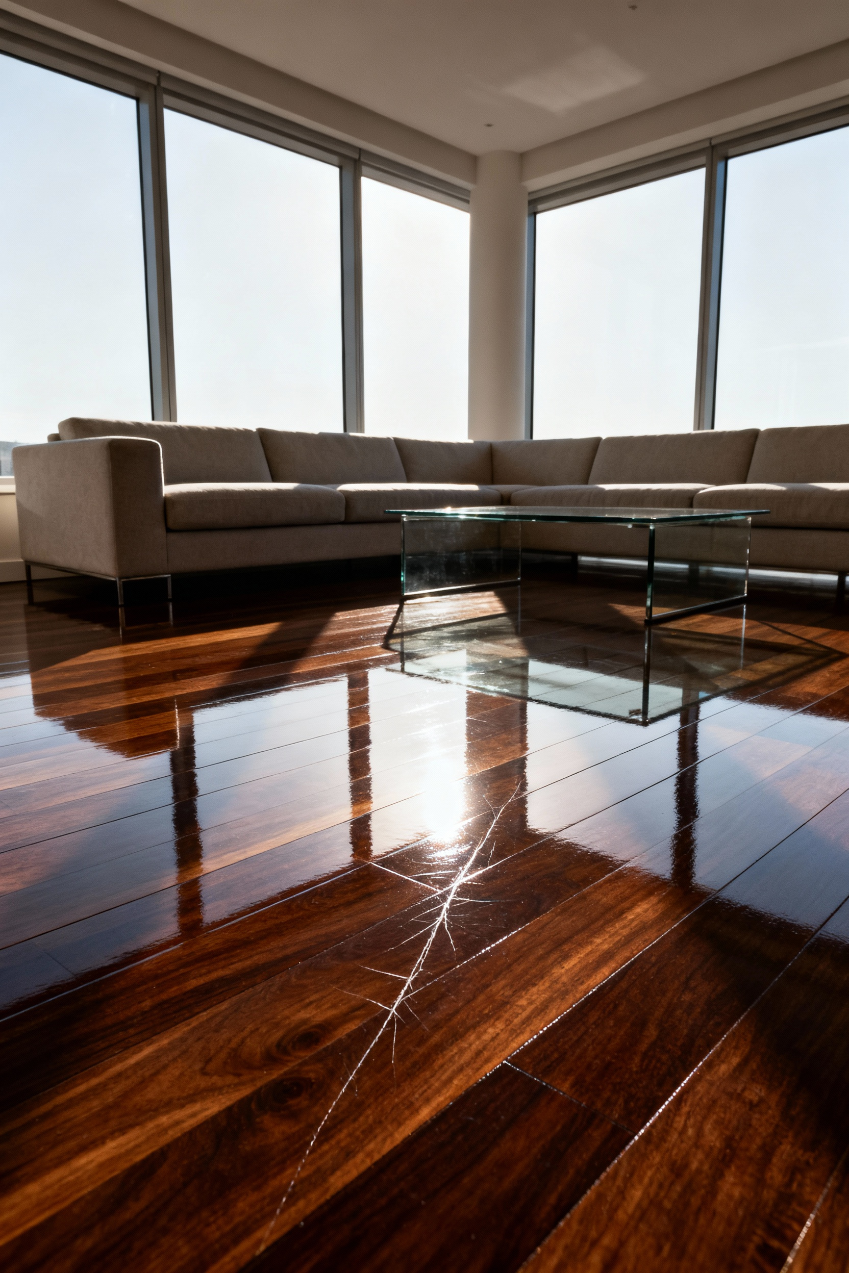 A modern living room with highly glossy, dark hardwood floors showing a deep, visible scratch that disrupts the polyurethane film finish.