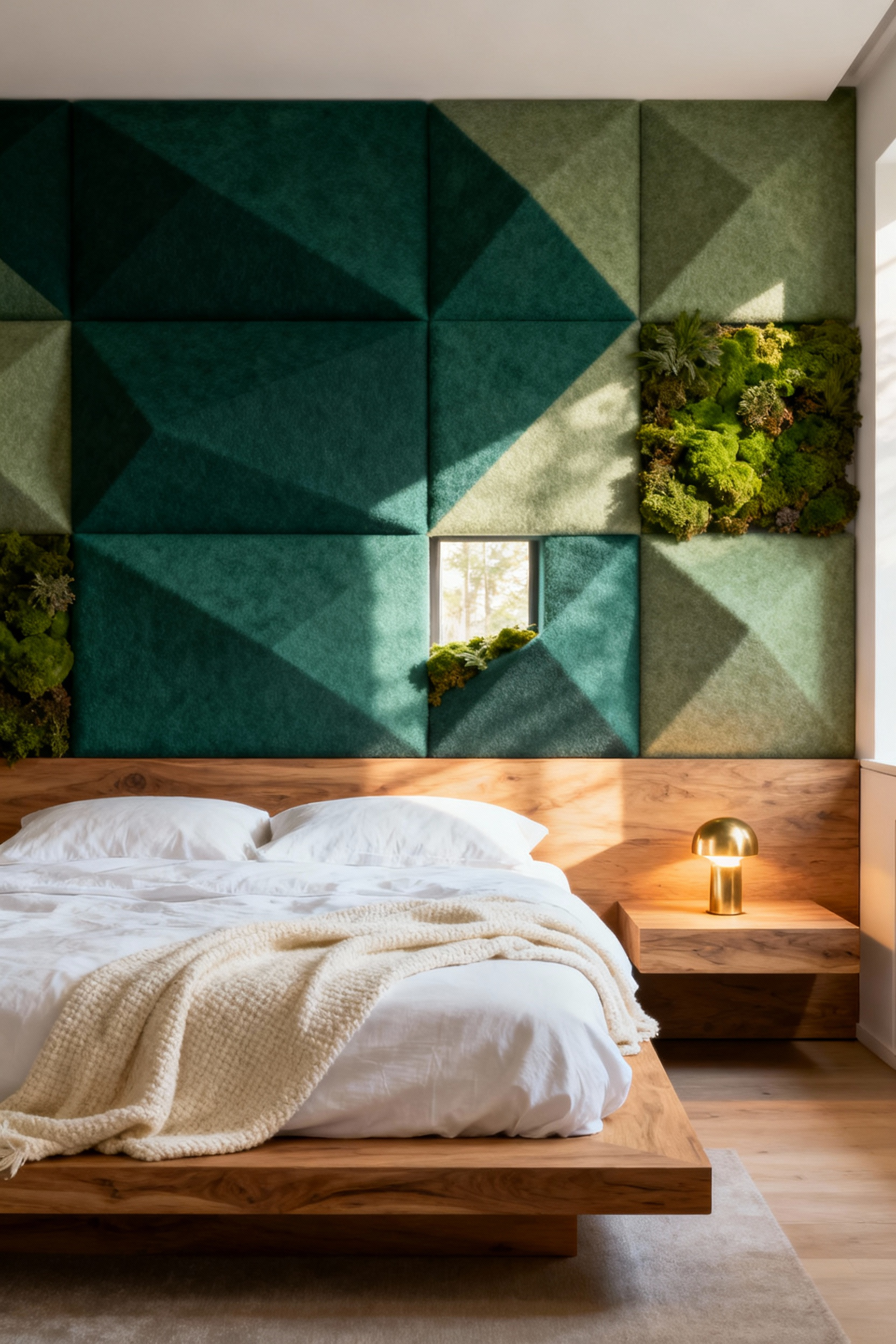 A tranquil green bedroom featuring a wall of geometric sage and emerald acoustic felt panels combined with preserved moss behind the headboard for sound dampening and biophilic aesthetic.
