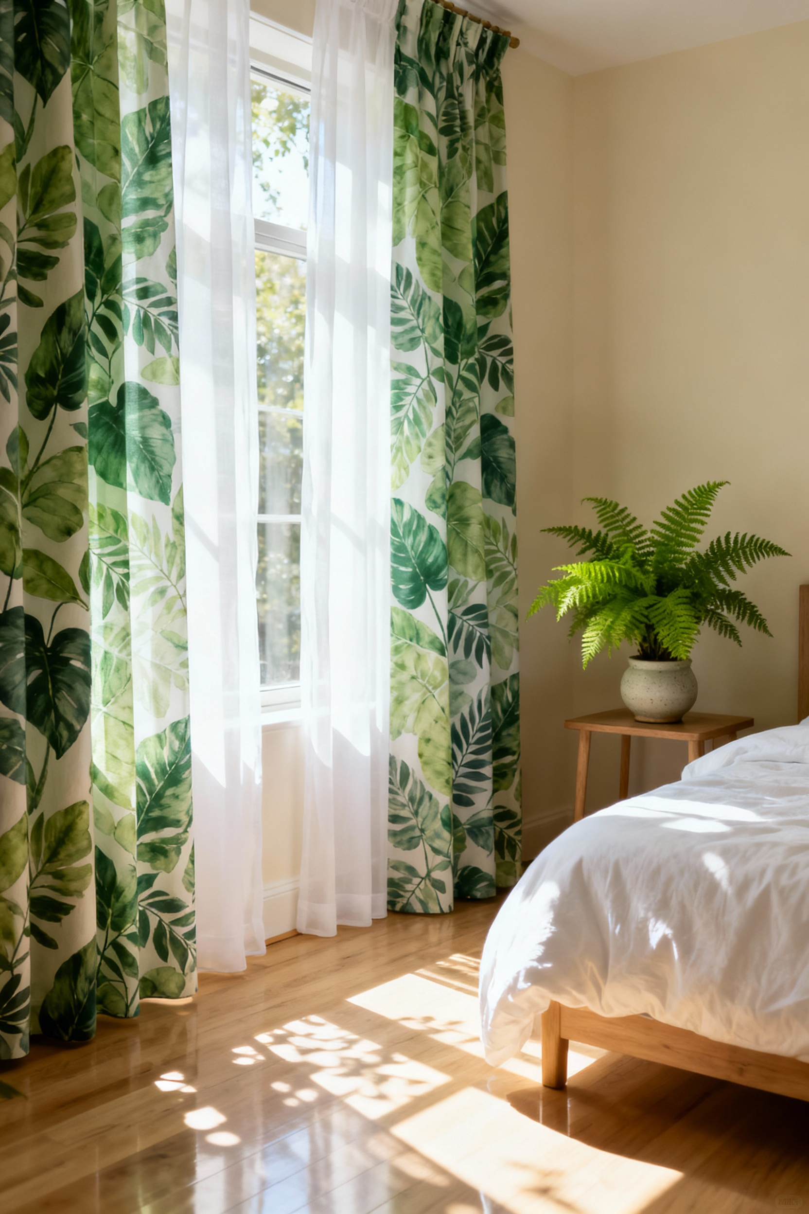 Semi-sheer botanical print curtains casting dappled, leaf-patterned light onto a light wood floor and white bedding in a minimalist green bedroom.