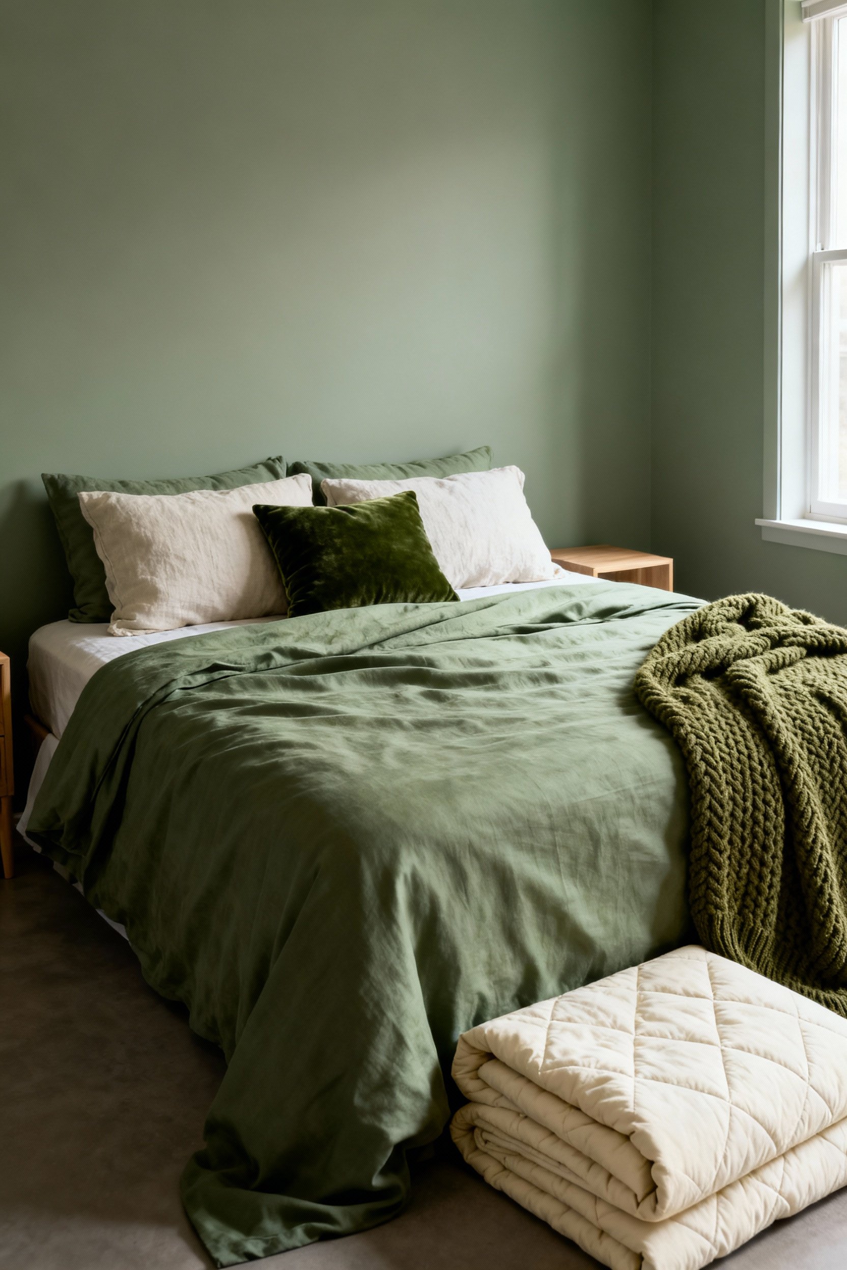 A full view of a modern green bedroom with heavily layered, textured bedding including smooth linen sheets, a forest green velvet cushion, and a chunky knit wool throw.