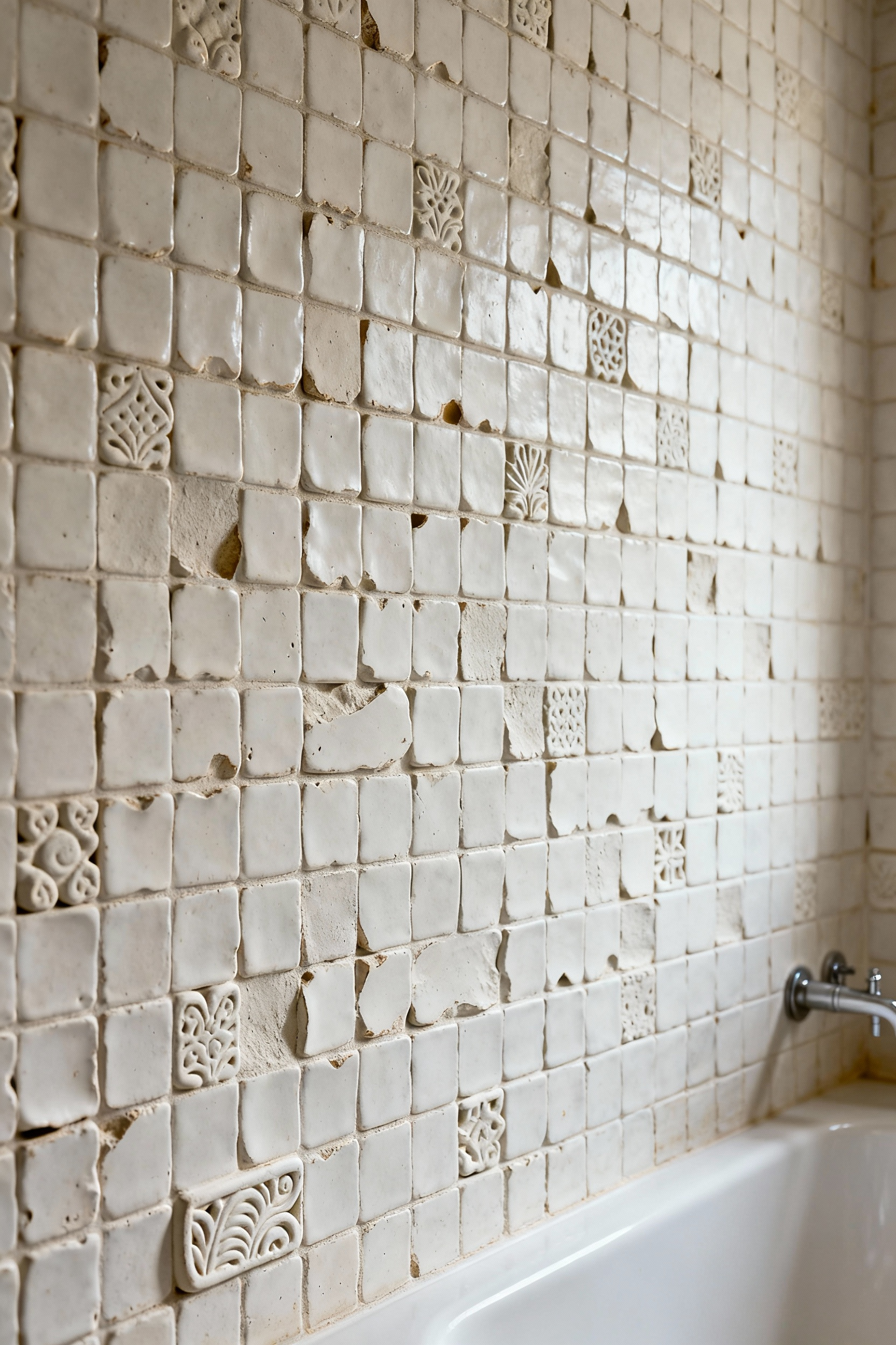 Detailed view of hand-fired white terra cotta tiles in a Wabi-Sabi style bathroom, highlighting organic textures, subtle variations, and natural imperfections under soft, diffused lighting.