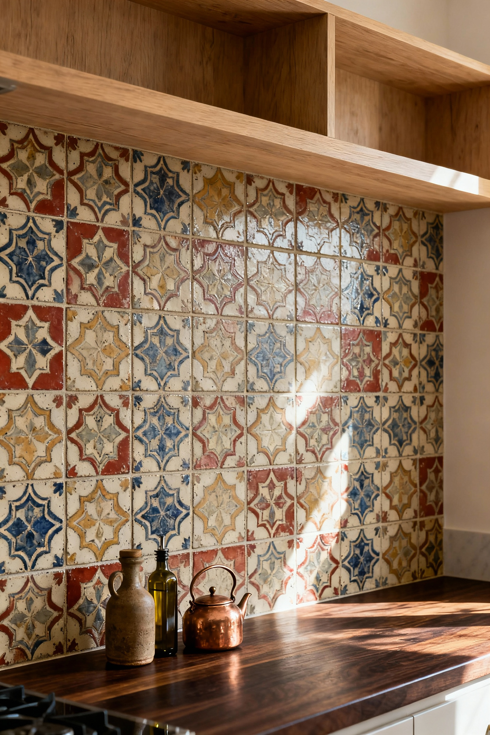 A transitional kitchen features a full backsplash installed with reclaimed, hand-painted geometric Moorish encaustic cement tiles in matte earth tones.