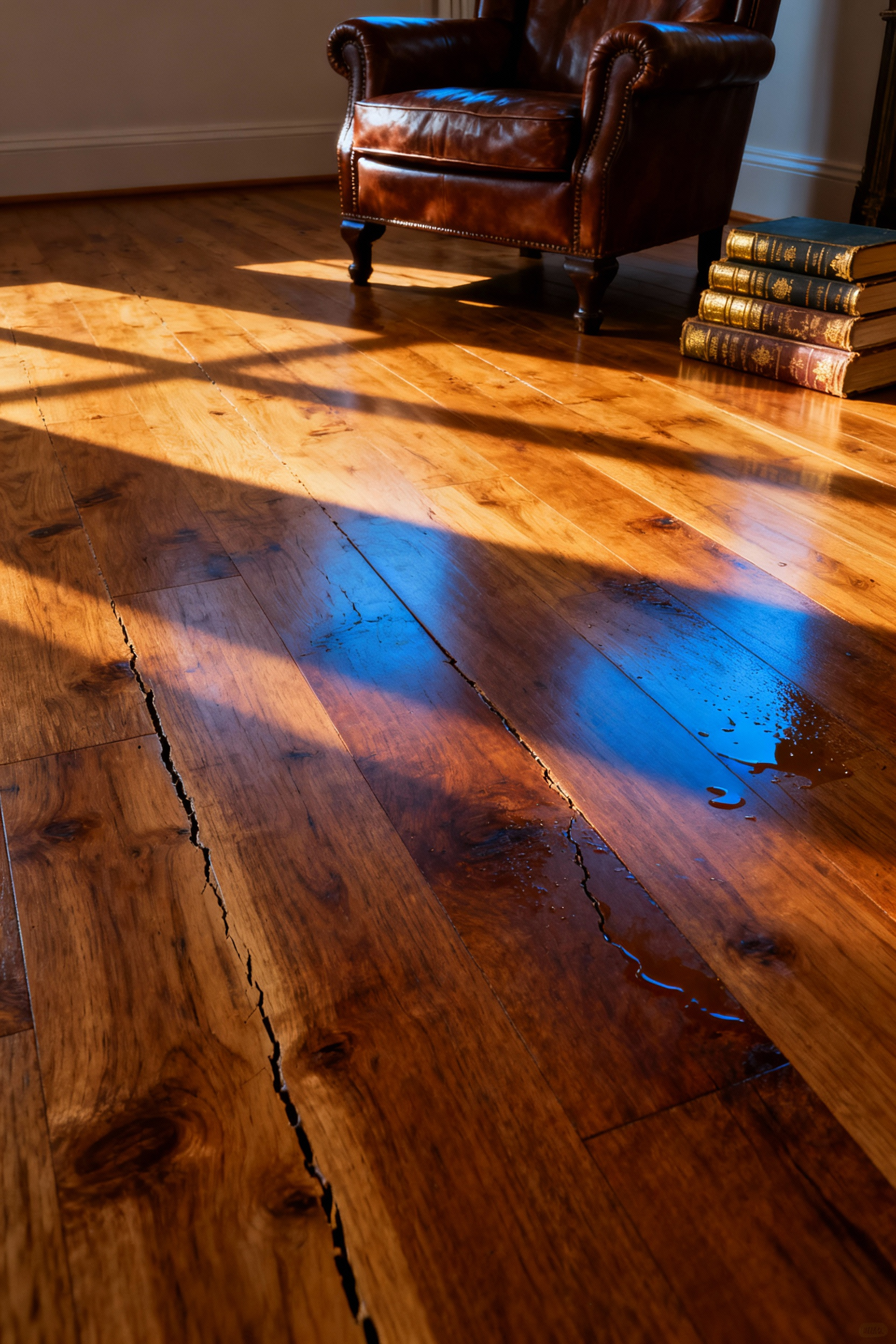 A sun-drenched living room with wide-plank White Oak hardwood flooring displaying a deep, rich amber patina, highlighting the beauty of materials that age into heirlooms.