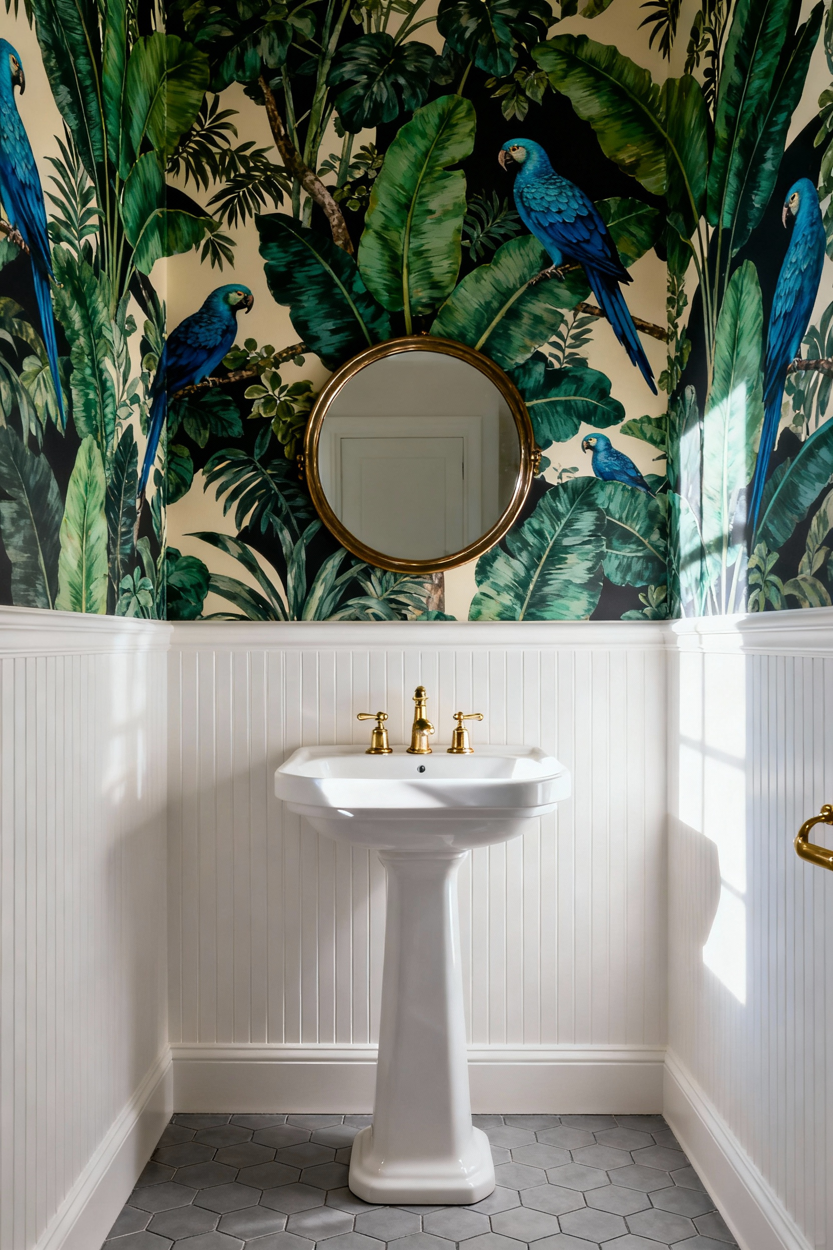 Bathroom design featuring a maximalist emerald and sapphire floral wallpaper paired with crisp white beadboard wainscoting and a round brass mirror over a pedestal sink.