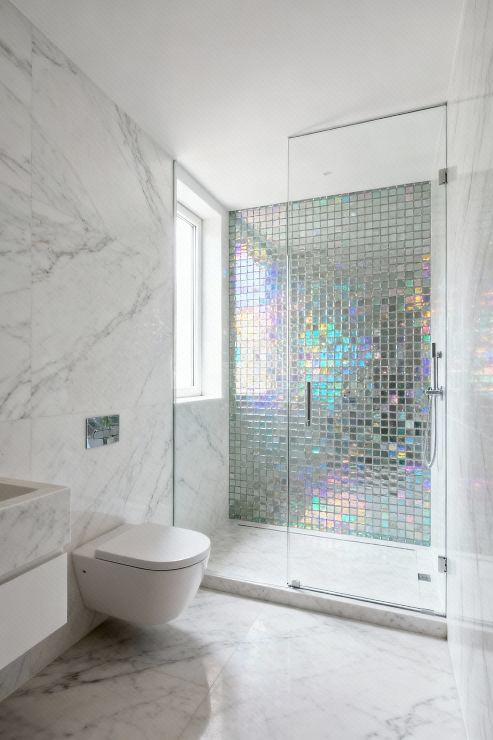Luxurious white bathroom featuring matte honed white marble walls and a shimmering iridescent glass mosaic accent wall in a shower, showcasing contrasting textures under soft lighting.