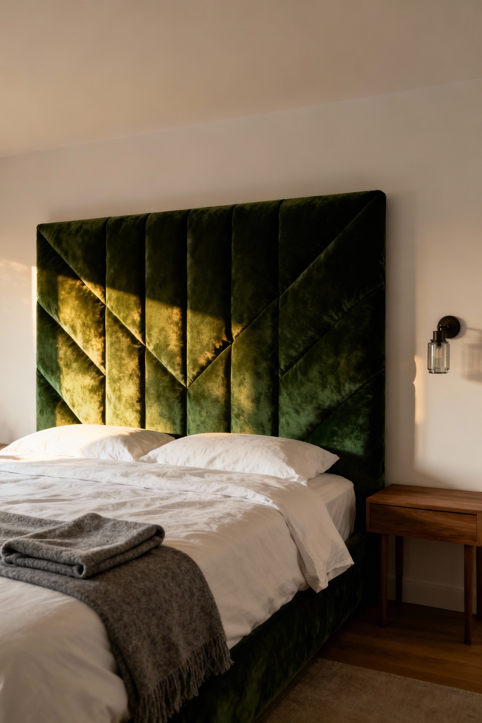 A photograph of a luxurious bedroom featuring a massive, channel-quilted headboard upholstered in deep hunter green velvet, providing a grounding anchor to the minimalist room.