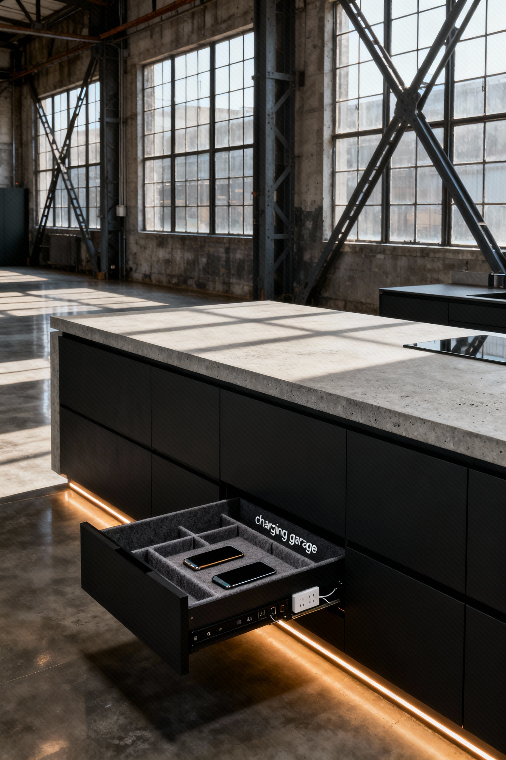 A modern, industrial kitchen island with matte black cabinetry and a concrete counter. A drawer is slightly open, revealing a custom charging station with internal outlets, showcasing hidden tech integration and a clutter-free design.