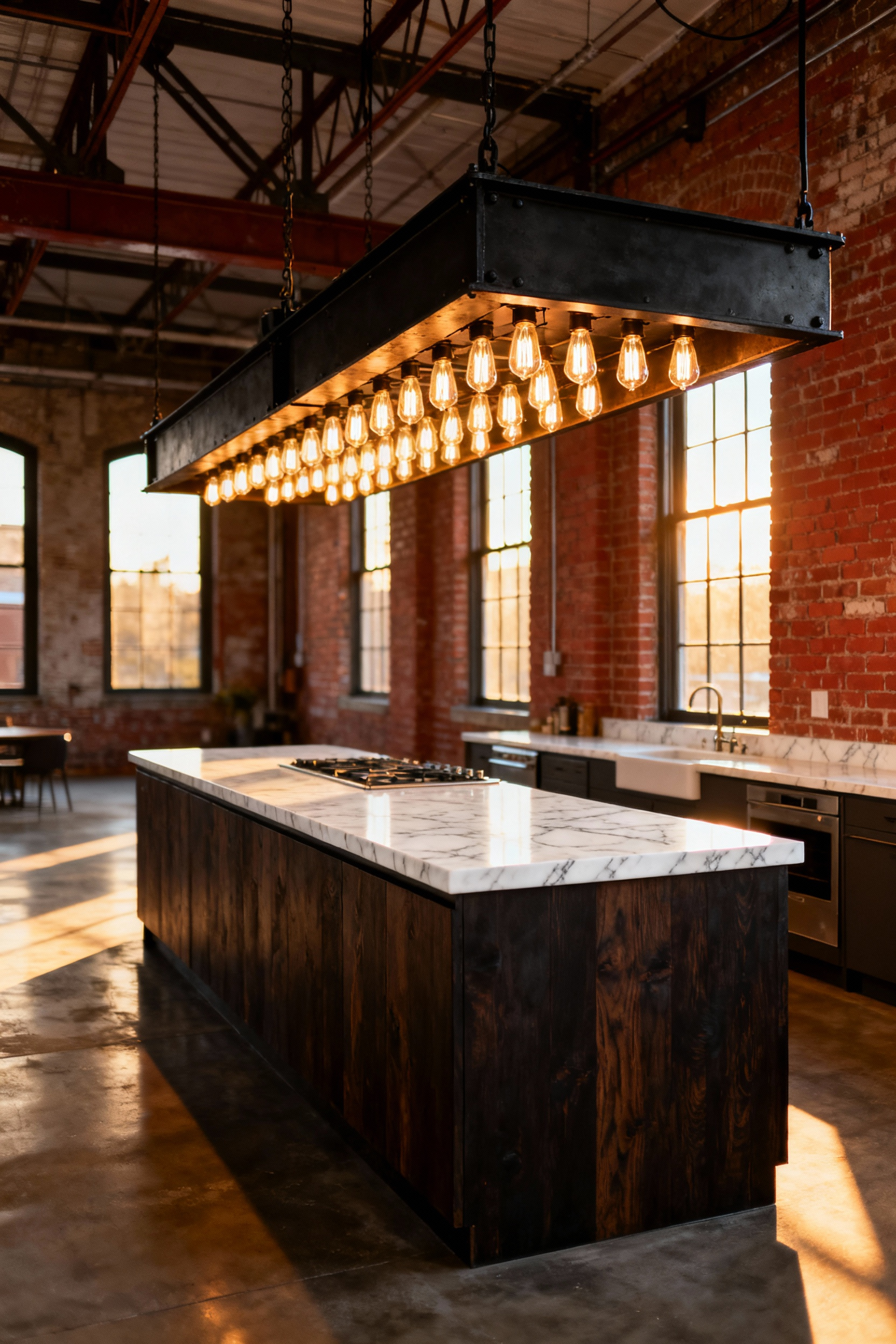 Oversized matte black industrial linear lighting fixture hanging above a kitchen island, defining the workspace in a high-ceiling open-concept loft with exposed brick walls.