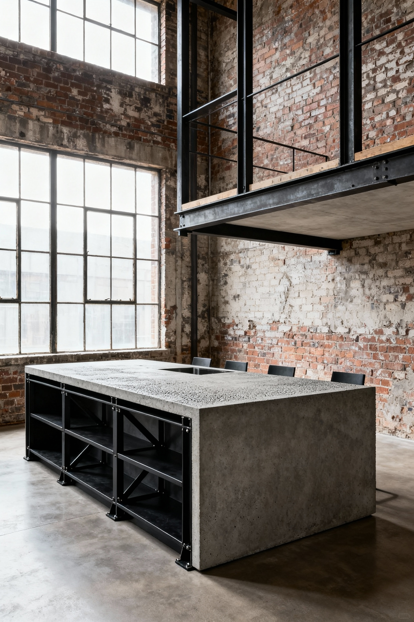 Full architectural shot of an industrial kitchen island featuring a welded black steel frame base and a thick, matte poured concrete countertop with a 24-inch unsupported cantilevered overhang for seating.