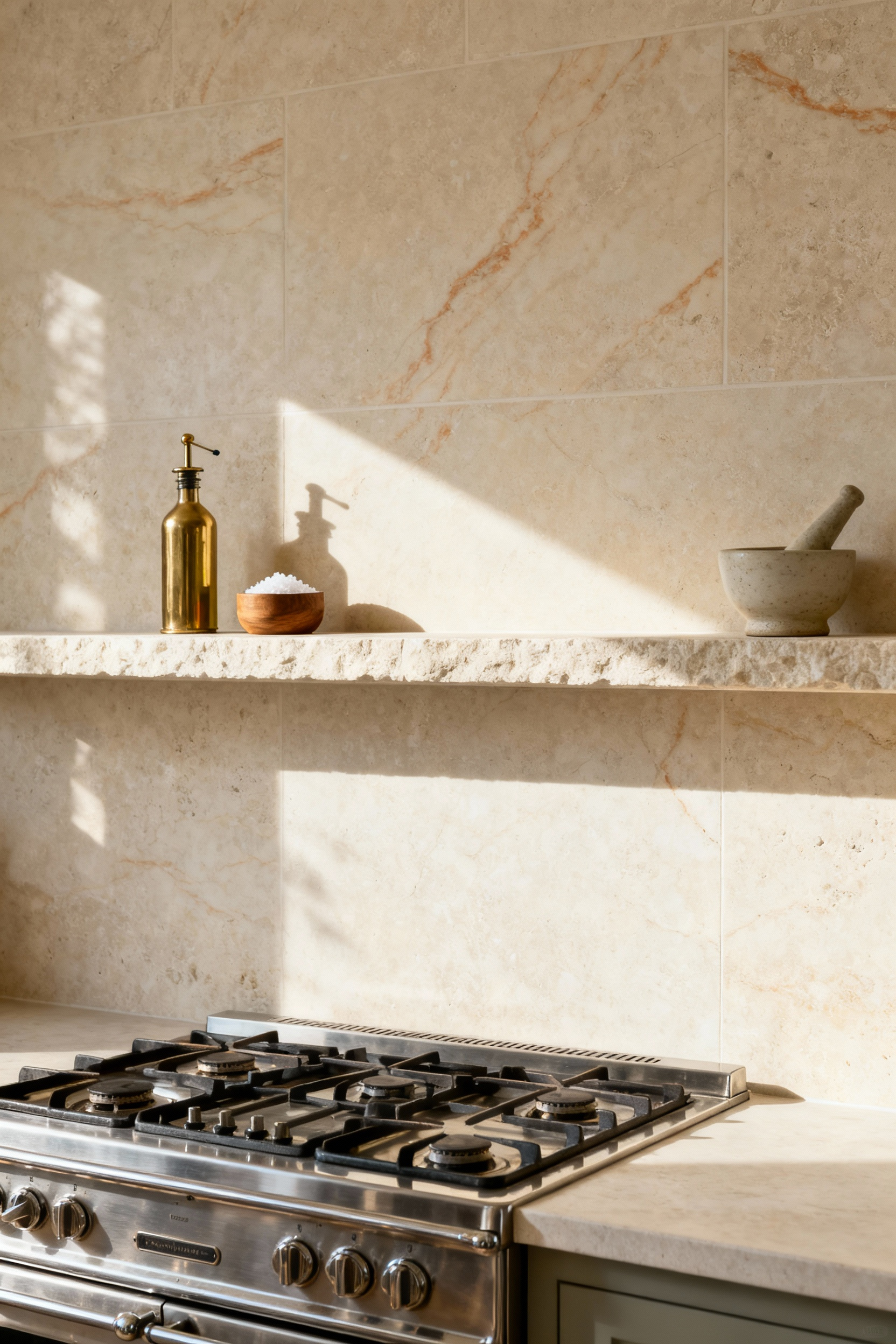 A sleek integrated kitchen backsplash ledge crafted from honed limestone, extending 5 inches deep to store cooking essentials above a vintage stainless steel range, demonstrating maximization of vertical space and modern, functional design.