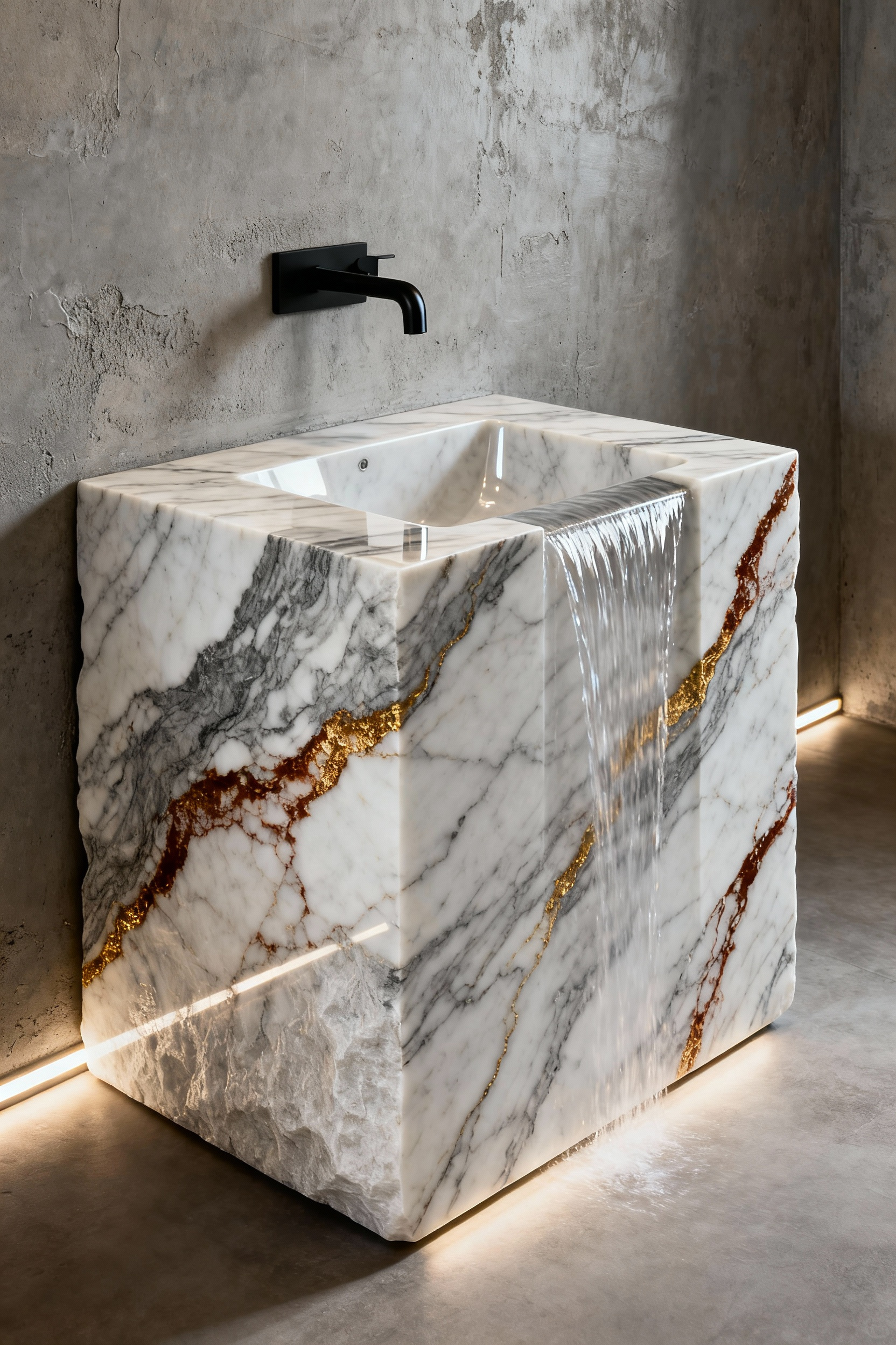 A full-scene image of a high-end, luxury bathroom vanity featuring a seamless integrated sink carved from dramatically bookmatched Calacatta Vagli marble. The bold grey and gold veining cascades continuously from the countertop surface down the basin walls, creating a waterfall effect that showcases monolithic stone artistry.