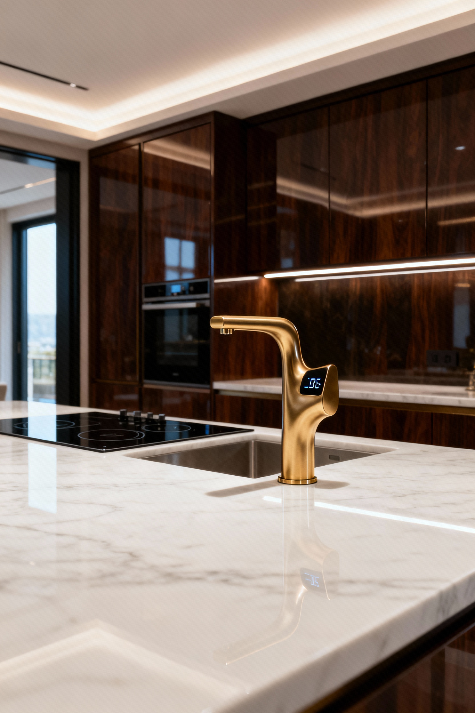 A luxurious modern kitchen features a sleek, brushed gold intelligent faucet integrated into a white marble countertop. The faucet has a digital display, and the kitchen includes dark wood cabinetry with sophisticated lighting.
