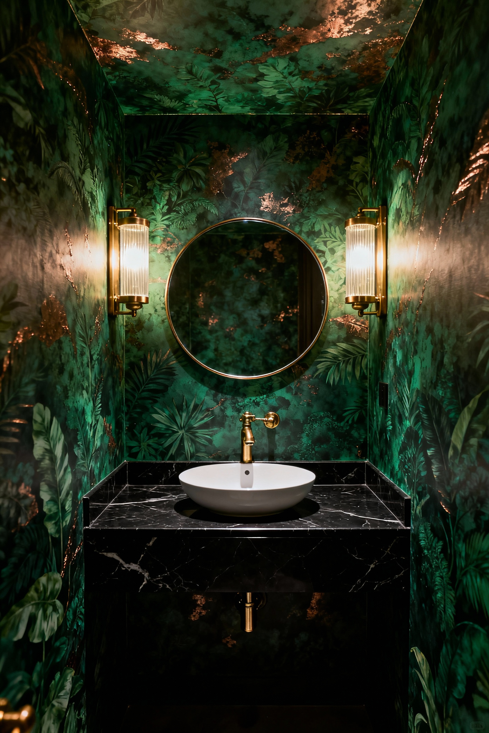 A small, sophisticated, windowless powder room featuring dark emerald green botanical wallpaper covering all surfaces, illuminated by warm brass wall sconces, emphasizing a dramatic jewel box aesthetic.