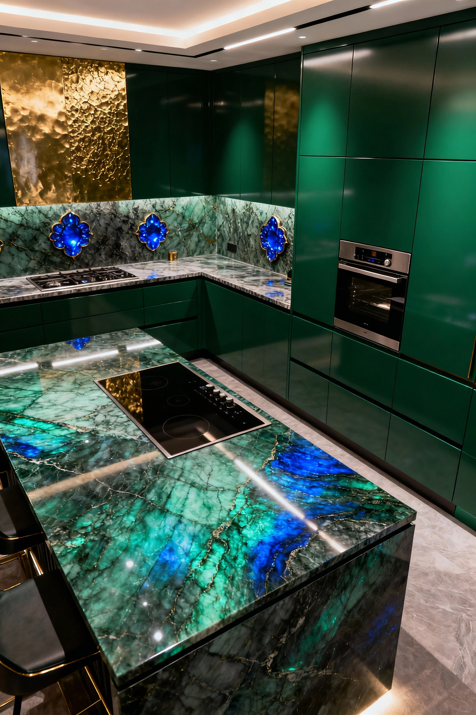 Modern luxury kitchen featuring emerald green lacquered cabinets, an iridescent Labradorite island countertop, and bespoke brass accents, showcasing deeply saturated jewel tones.