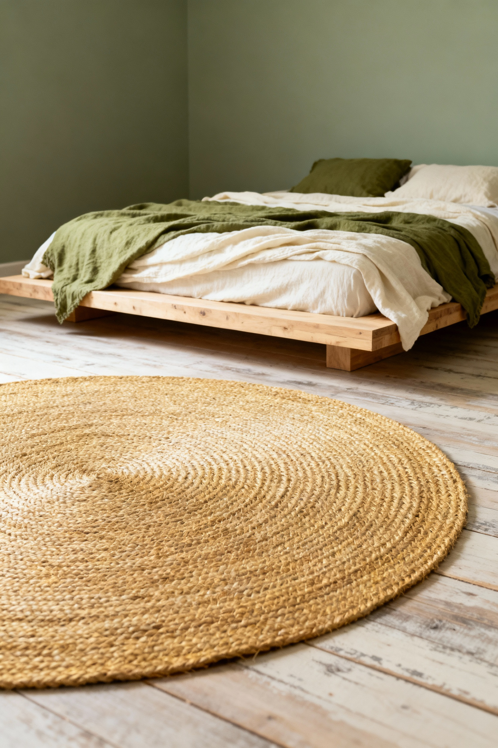 A serene green bedroom interior featuring a large, textured circular jute rug anchoring the space, complemented by a wooden platform bed and sage green walls.