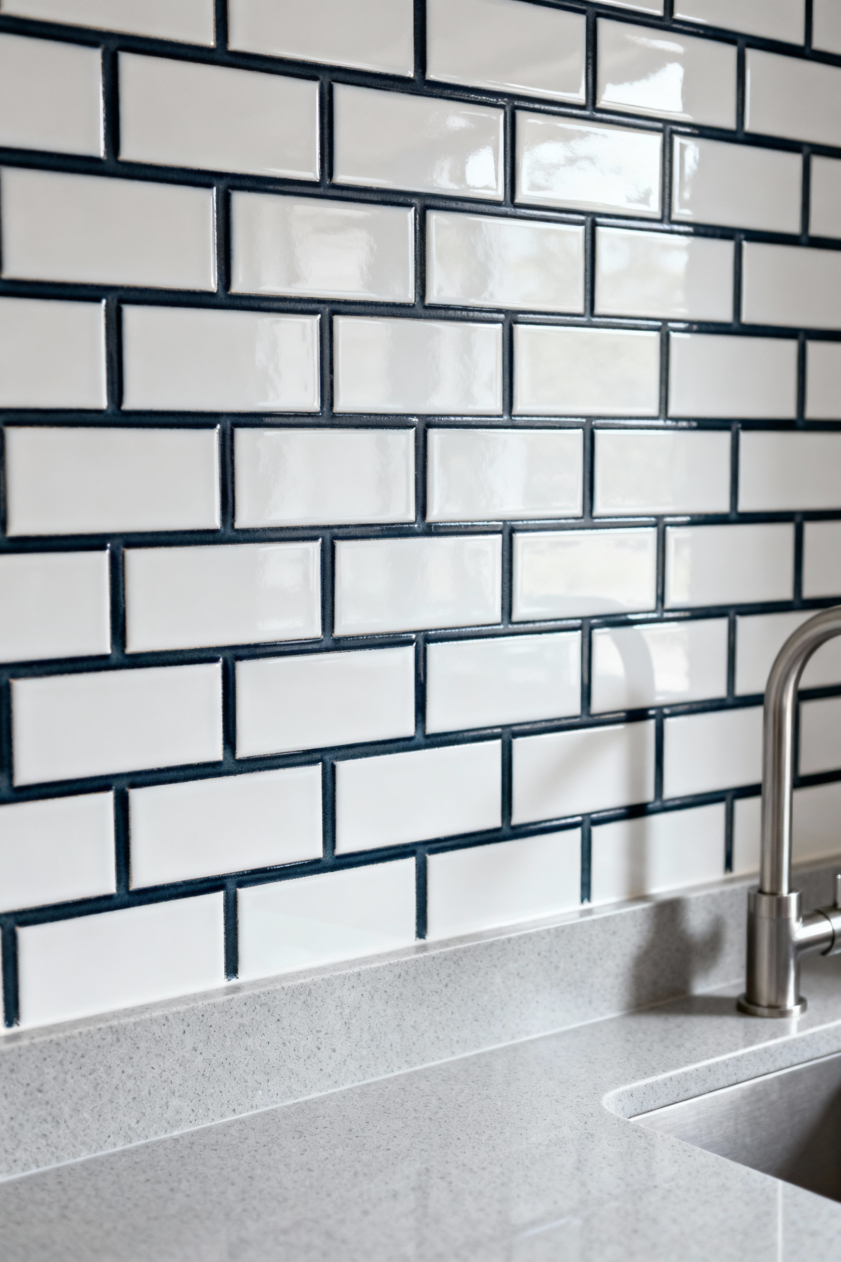 High-contrast kitchen backsplash featuring glossy white subway tile and thick dark charcoal grout, illustrating how contrasting pigments modernize vintage ceramics and emphasize the grid geometry.
