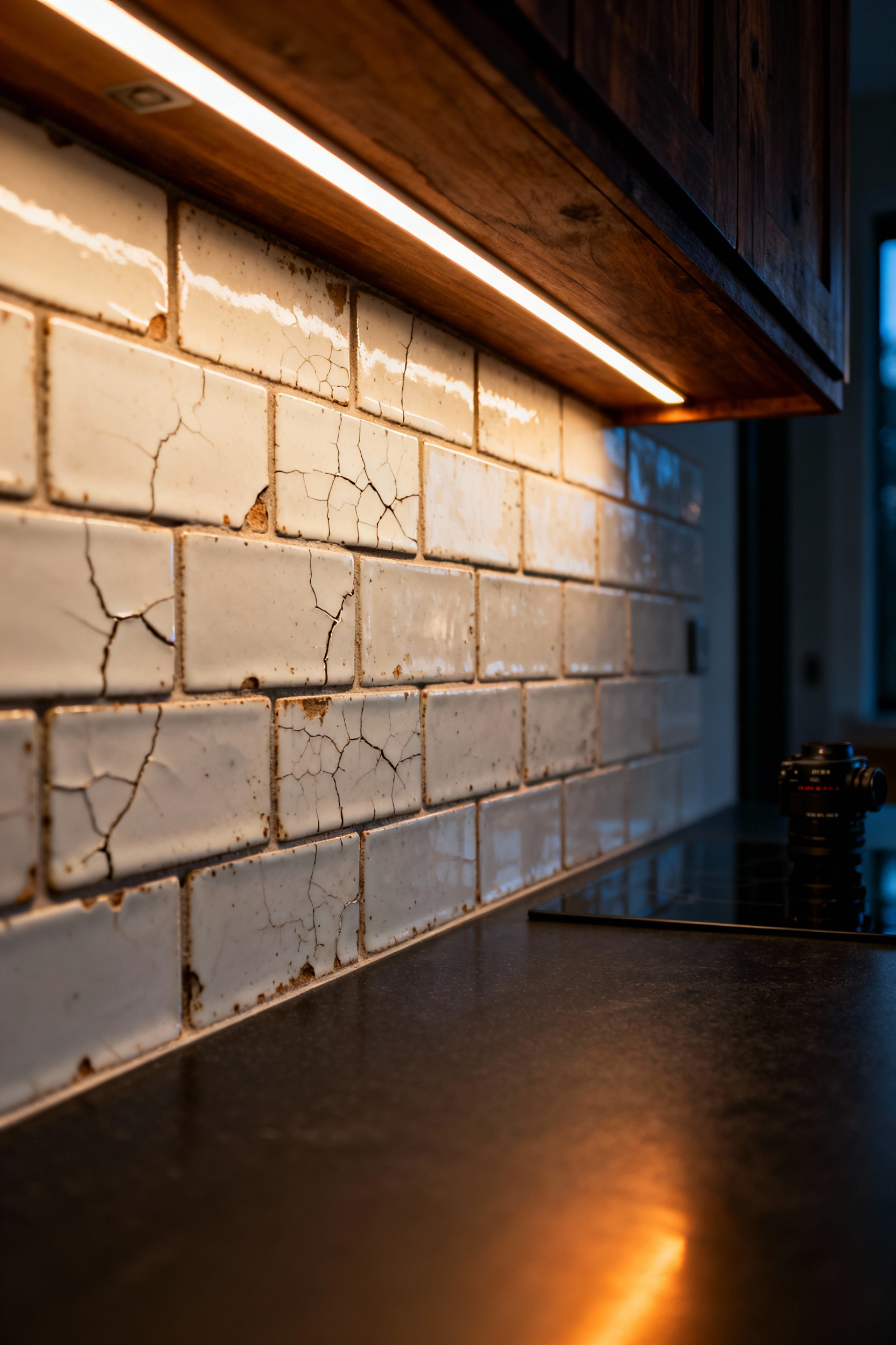 Under-cabinet LED lighting positioned at the front edge of the cabinet grazing a heavily textured, off-white crackle tile backsplash, revealing dramatic shadows and glaze imperfections.