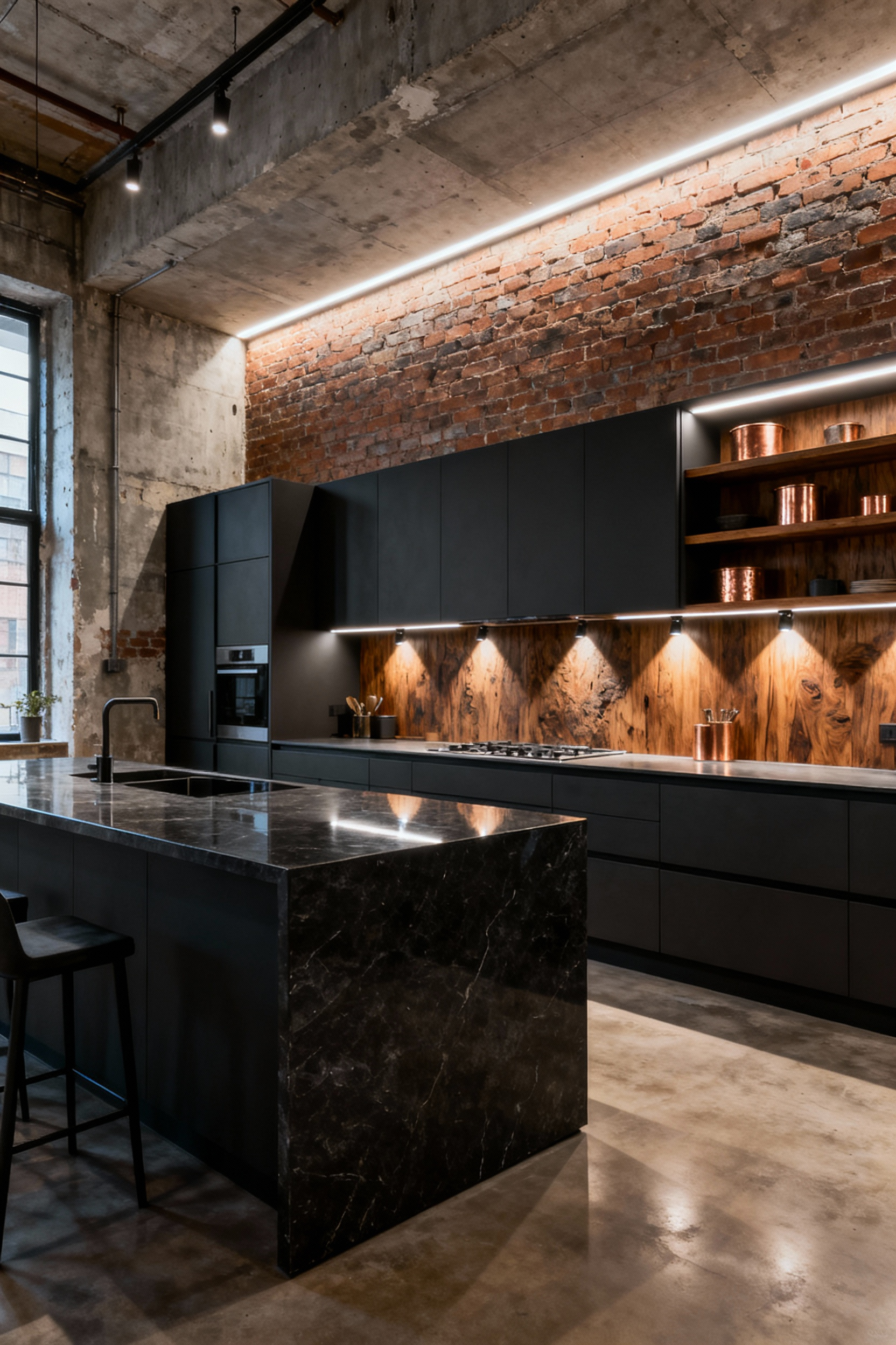 Professional kitchen lighting design demonstrating the hierarchy of light with layered task, ambient, and accent illumination in a modern industrial setting.