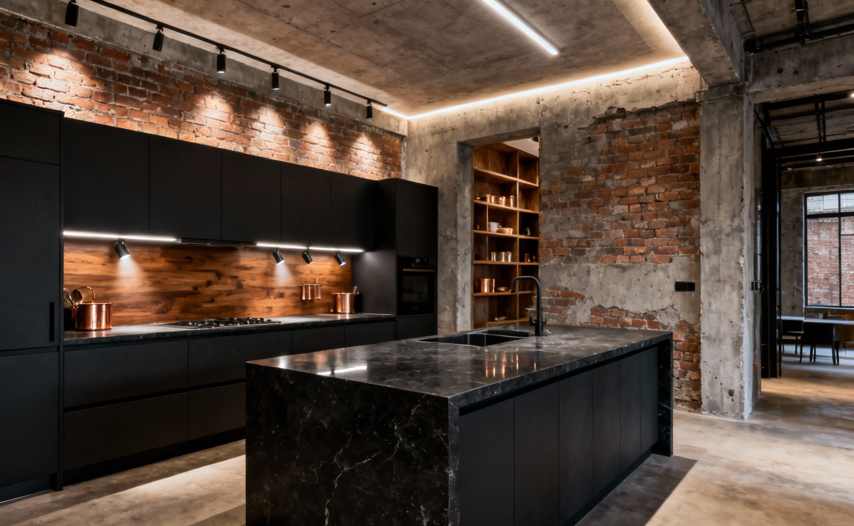 Professional kitchen lighting design demonstrating the hierarchy of light with layered task, ambient, and accent illumination in a modern industrial setting.