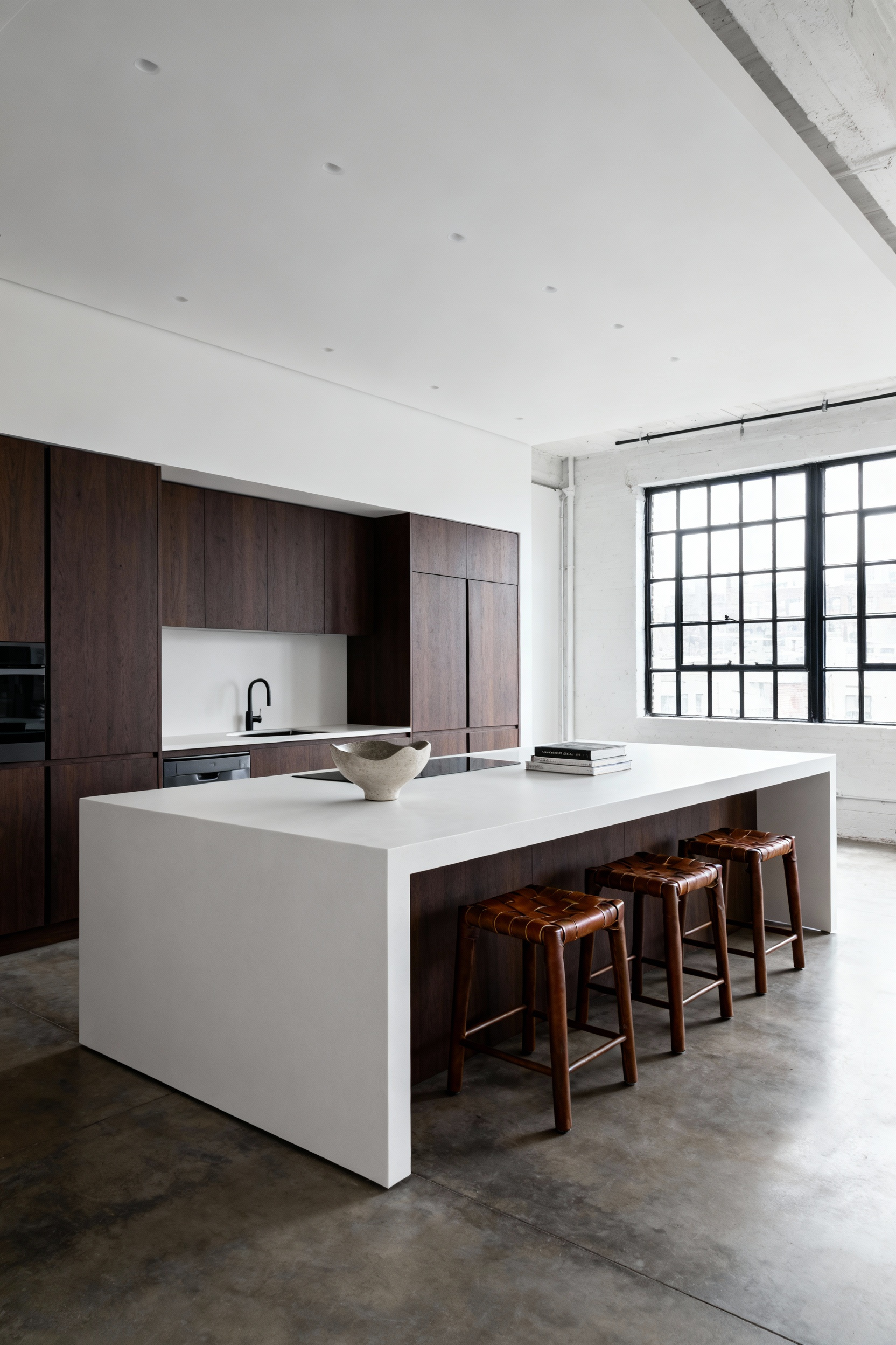 Wide-angle photograph of a modern loft kitchen featuring a large, dark walnut kitchen island that architecturally defines the space. The open floor plan emphasizes generous aisles (42-inch clearance) defining separate Prep and Social zones.
