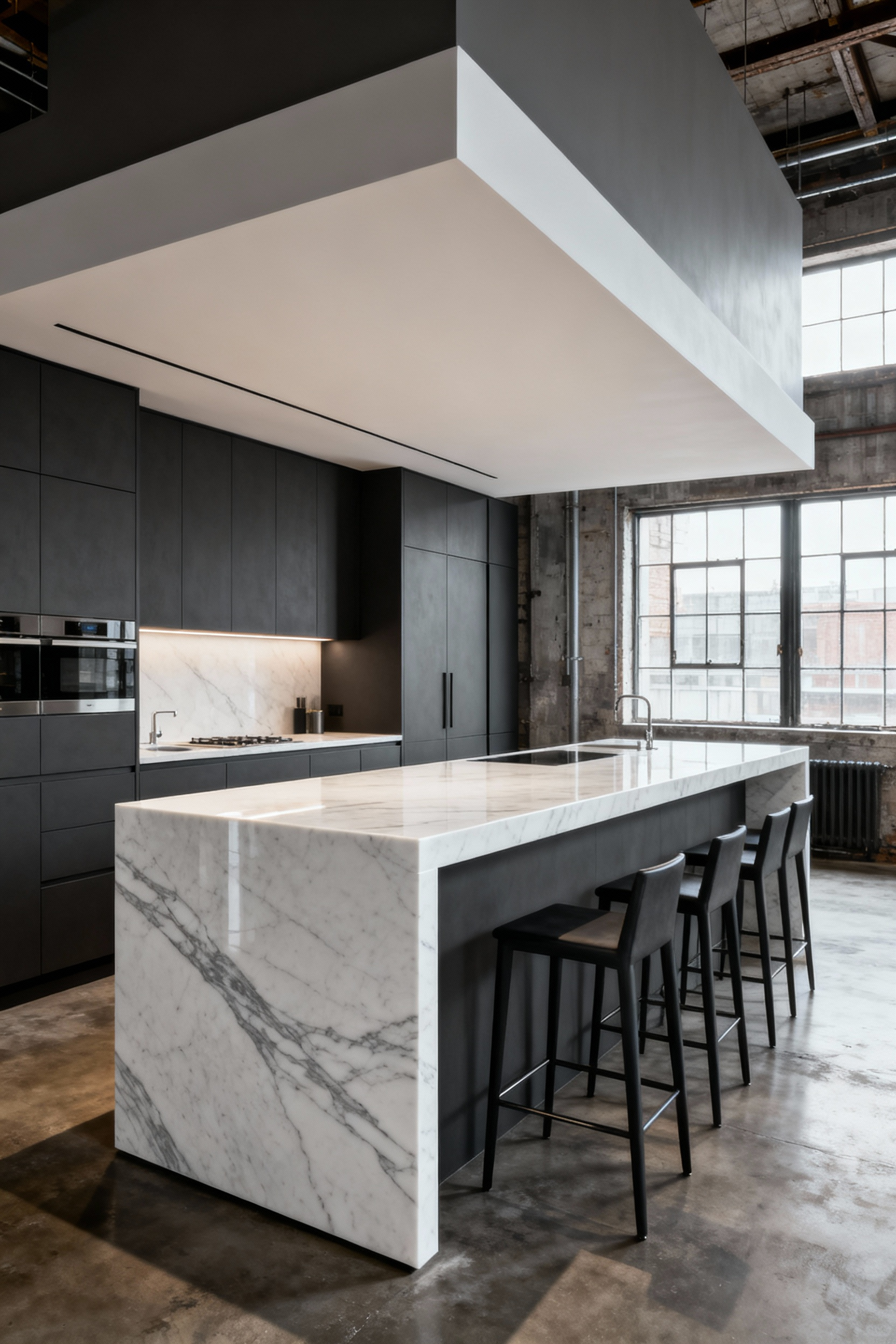 A modern kitchen island with charcoal grey cabinets and a thick, white quartz countertop featuring a deep, unsupported 15-inch cantilevered overhang, illustrating the need for hidden structural reinforcement for bar seating.