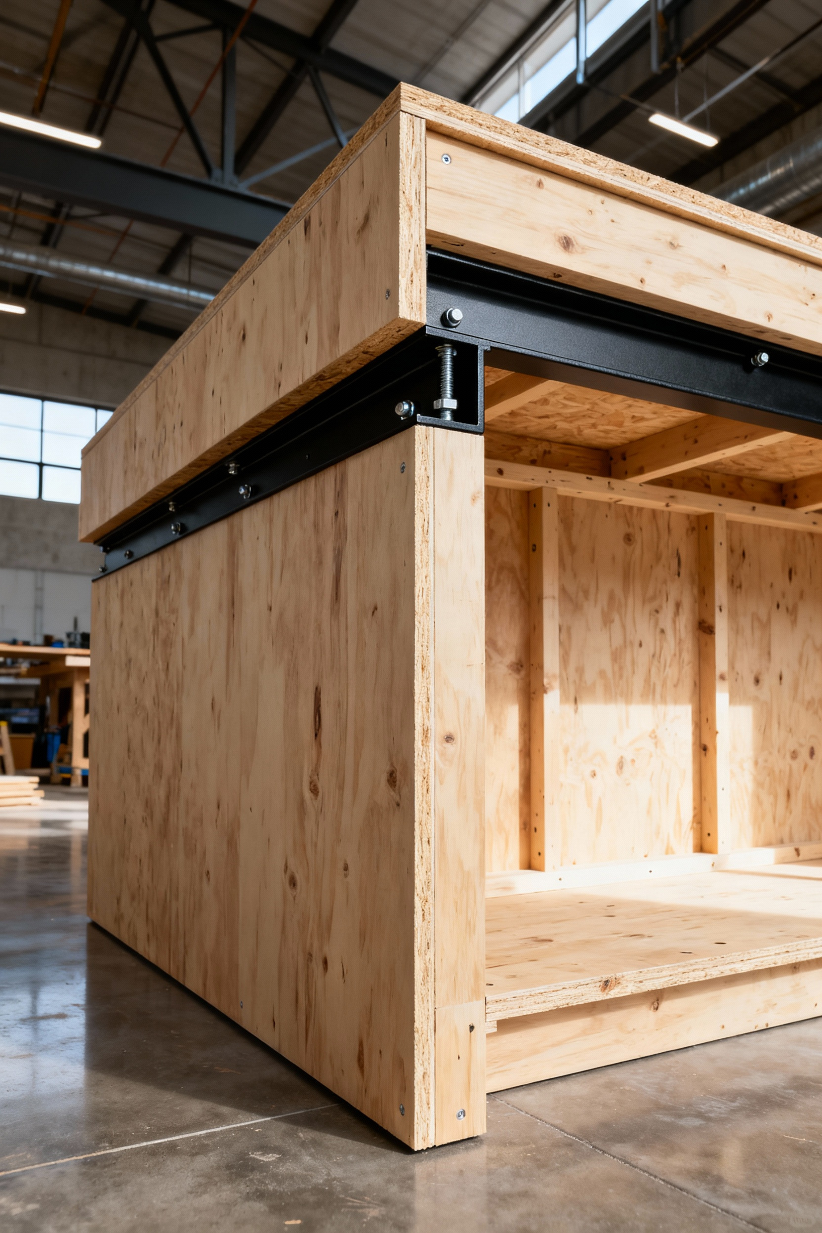 An unfinished kitchen island chassis showing 3/4-inch furniture-grade plywood construction. Recessed heavy-gauge steel T-bar brackets are integrated into the cabinet tops to support a deep countertop overhang, ensuring structural integrity for heavy stone or concrete slabs.