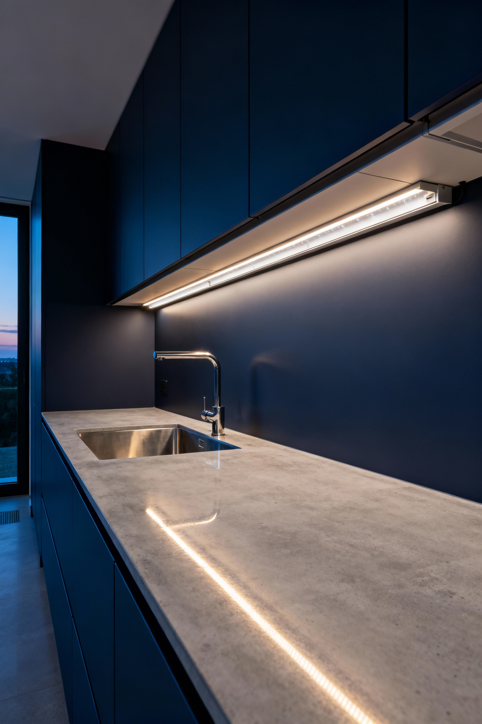 Seamless under-cabinet linear LED lighting mounted within a frosted diffuser channel casting an even, dot-free beam of warm white light across a highly polished concrete kitchen countertop.