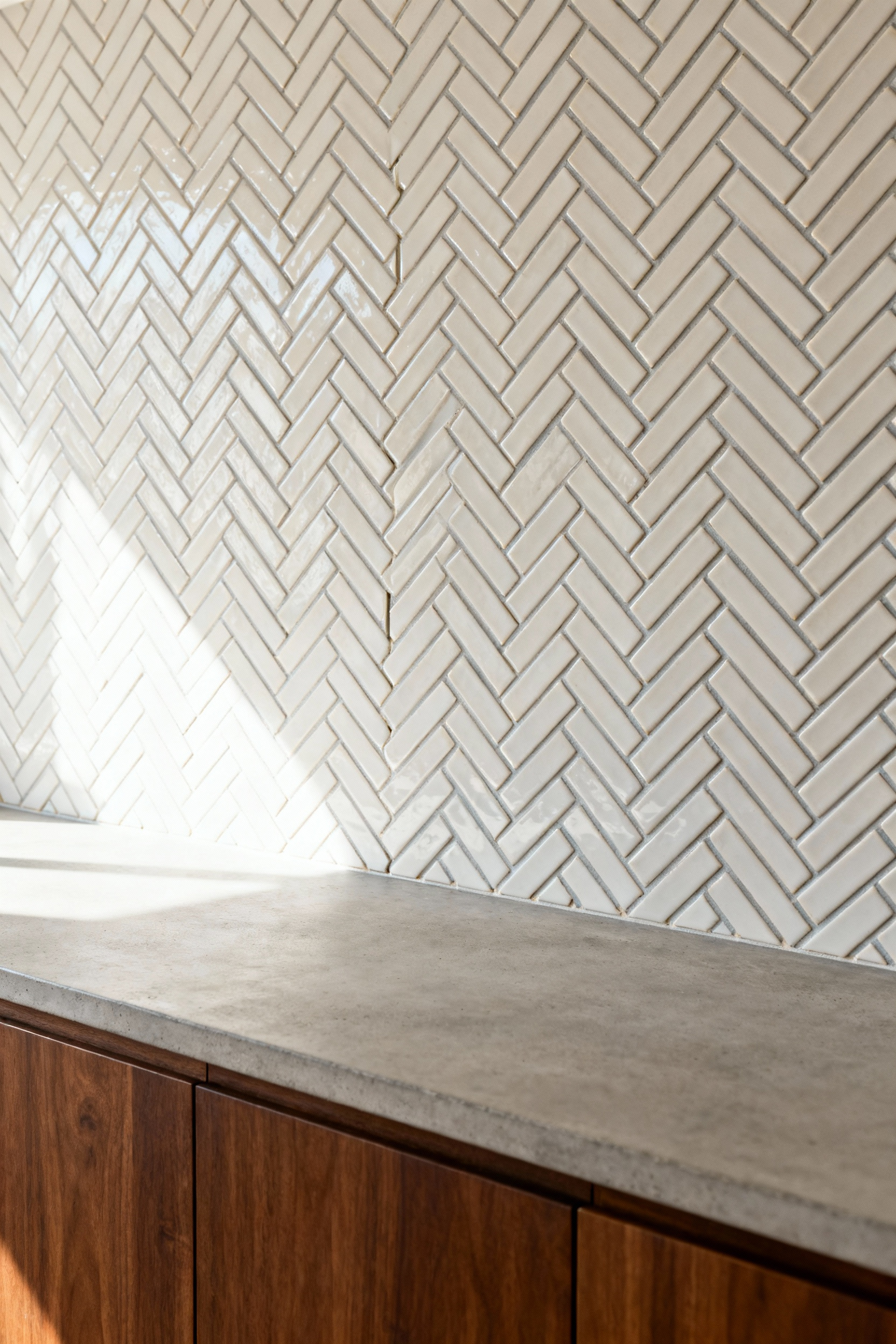 A modern kitchen backsplash featuring long, skinny white ceramic subway tiles installed in a dense, tight herringbone pattern, set against warm walnut cabinetry and a light gray countertop, evoking the texture of mid-century parquet flooring.