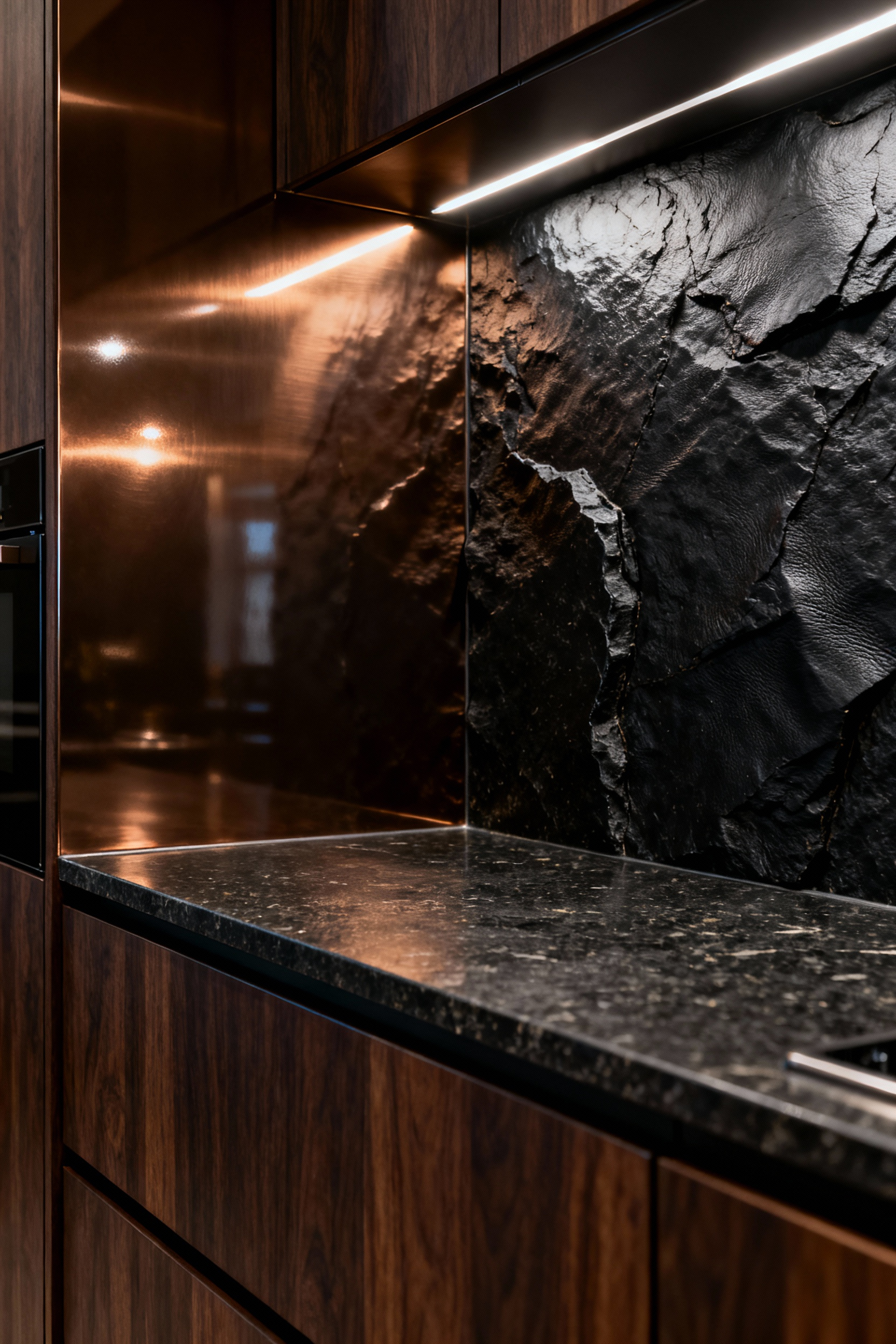 A luxury kitchen featuring a textural symphony: the juxtaposition of a matte, rugged black leathered granite countertop against a high-gloss, mirrored bronze backsplash, emphasizing the clash of polished and matte finishes.
