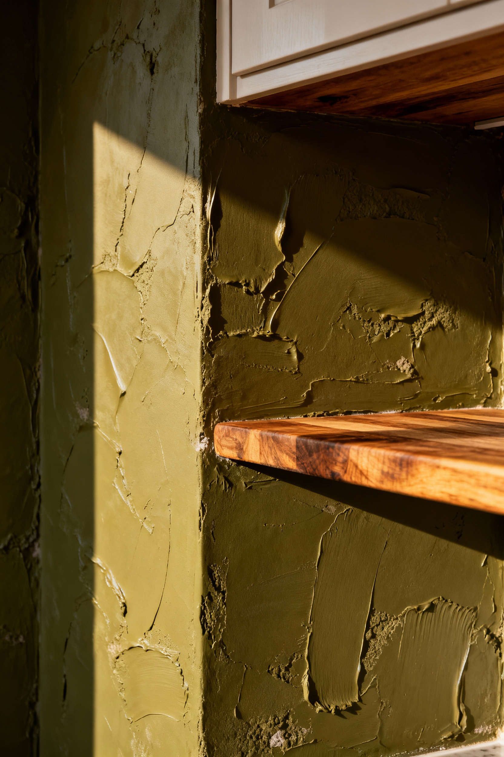 Close-up detail of a hand-troweled sage green lime wash wall in a rustic kitchen, showcasing the matte, velvety texture and the shadow play created by directional lighting.