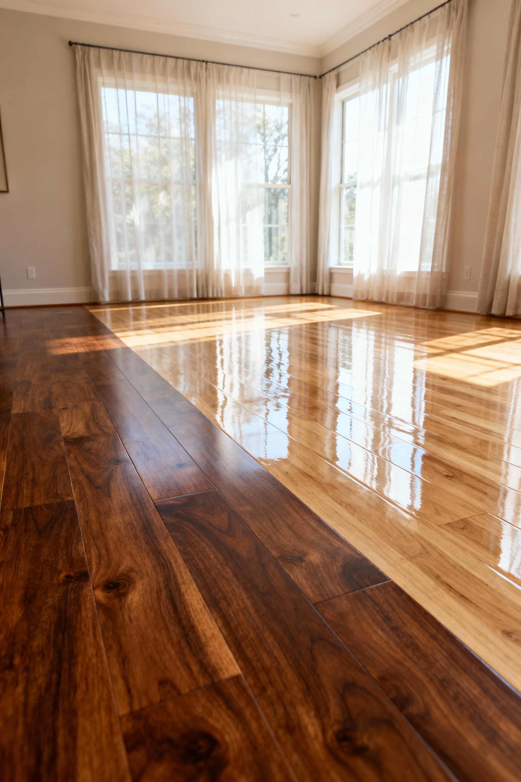High-resolution photograph of a modern living room hardwood floor split between a matte, natural oil finish and a high-gloss polyurethane lacquer finish, illustrating chemical preservation methods.