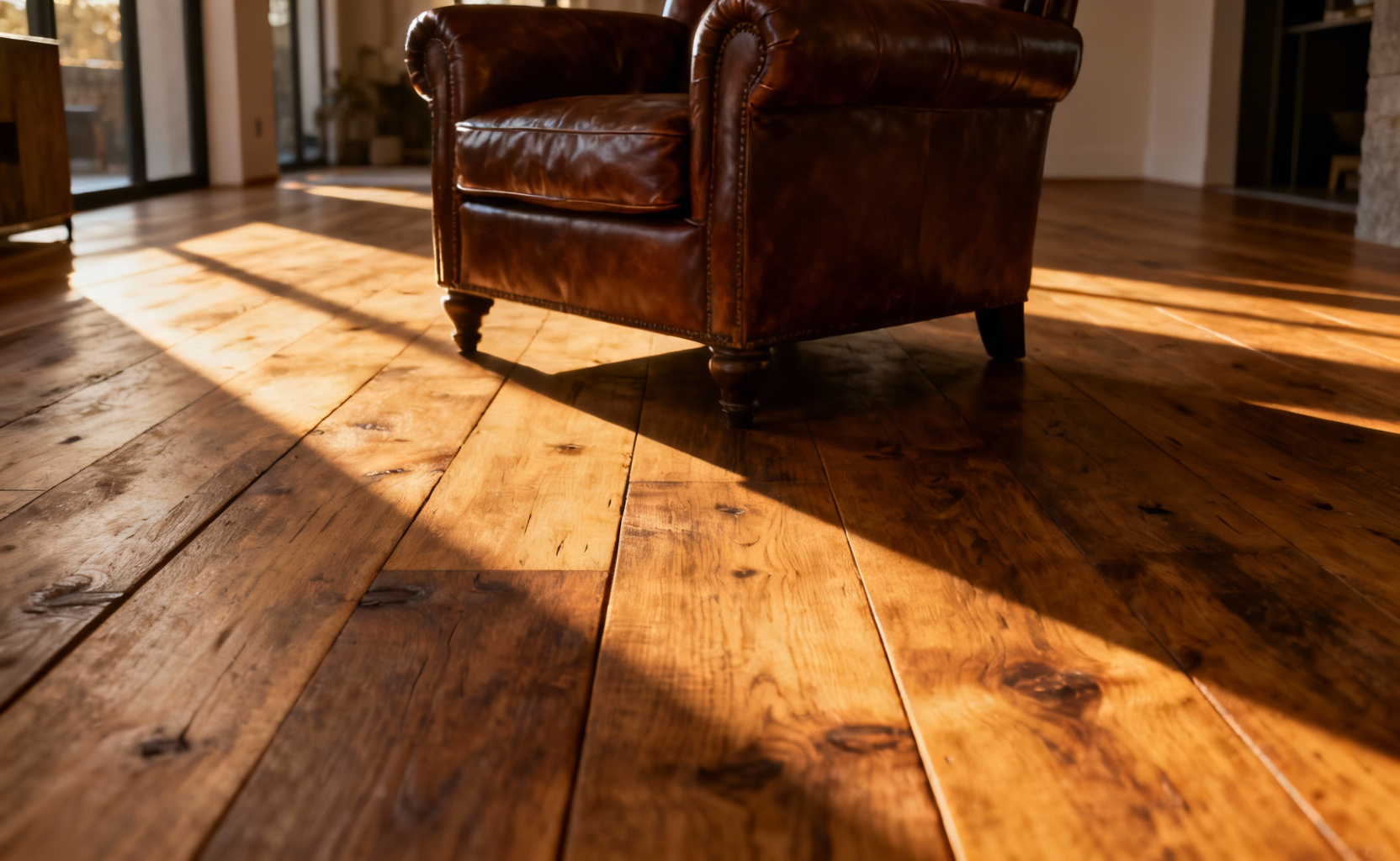 Wide plank aged solid oak hardwood flooring with genuine patina and character marks in a sunlit rustic modern living room.
