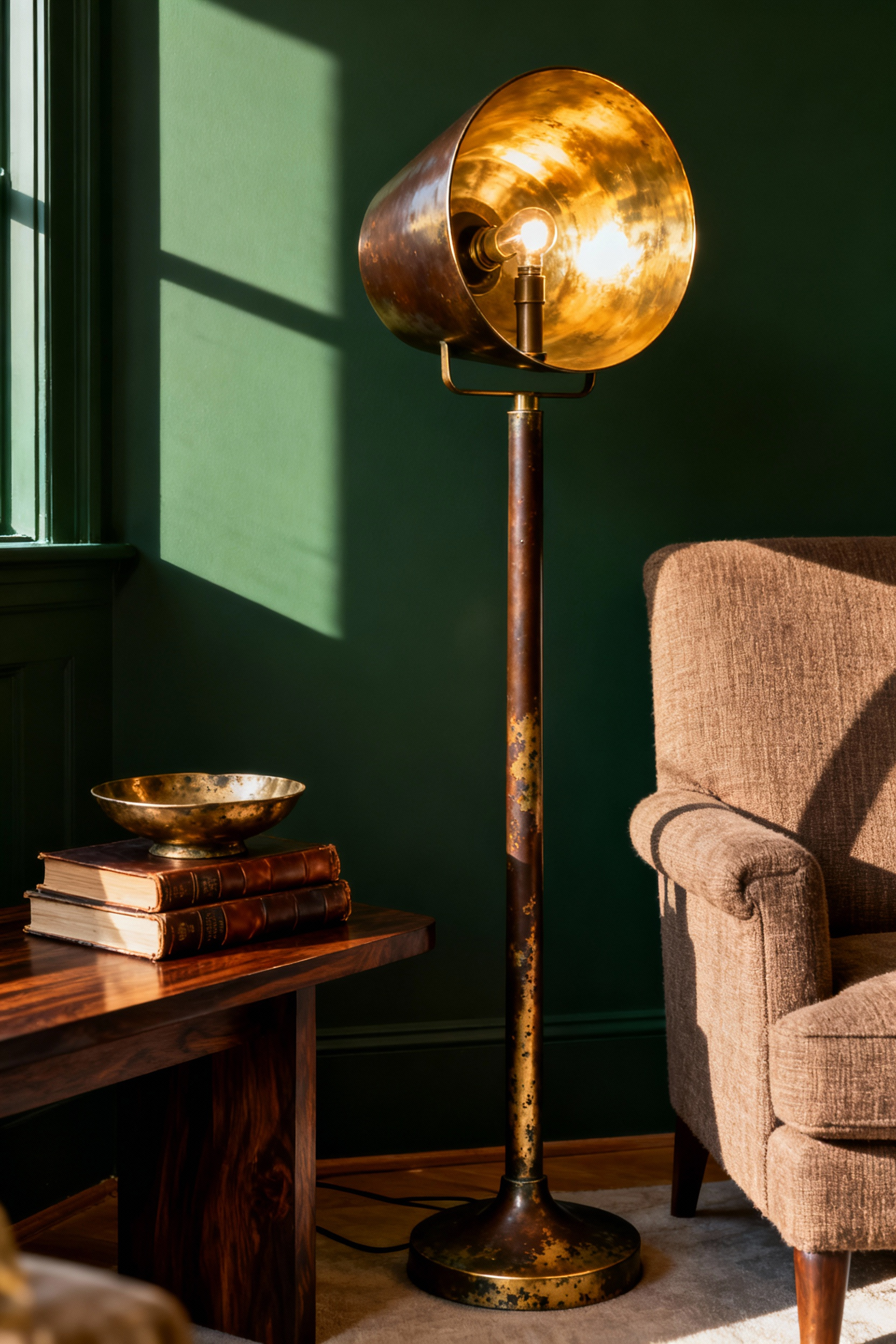 A cozy, high-contrast living room reading nook anchored by a deeply patinated, chocolate-brown unlacquered brass floor lamp positioned next to a taupe linen armchair.