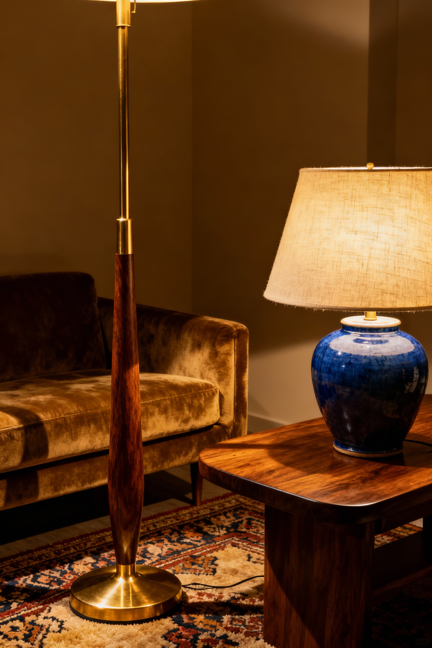 A dimly lit, intimate living room setting showcasing layered depth, illuminated solely by a sculptural mid-century modern floor lamp and a heavy ceramic table lamp, deliberately replacing harsh overhead lighting.